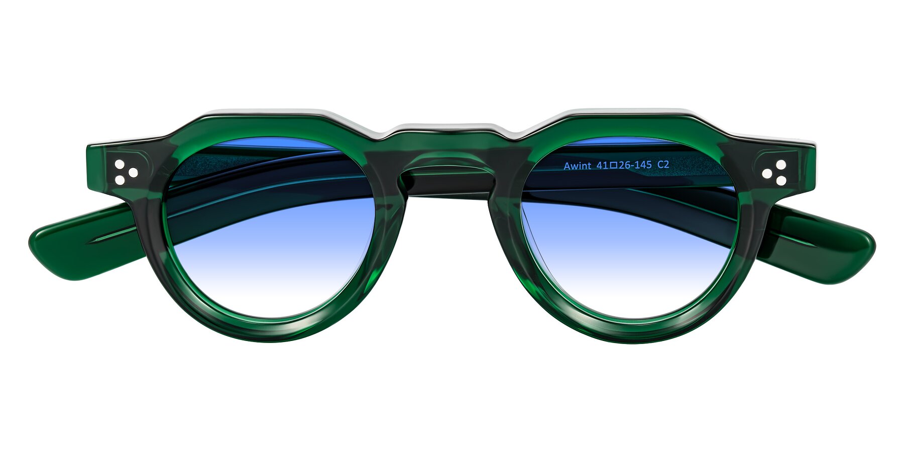Folded Front of Awint in Emerald Green with Blue Gradient Lenses