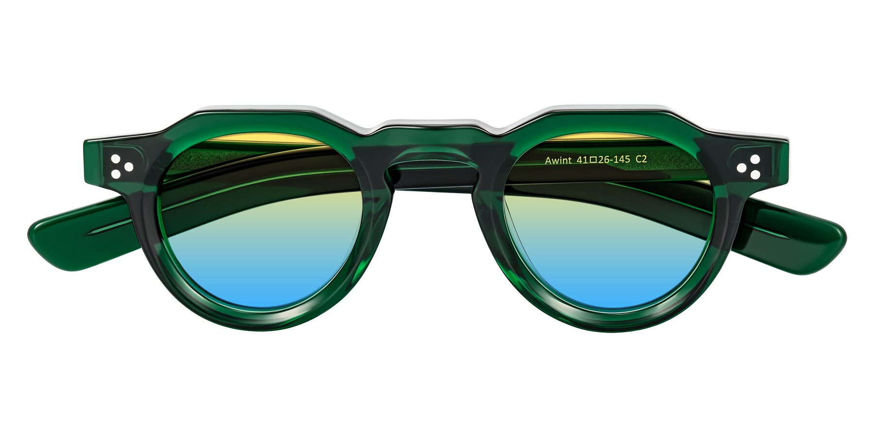 Folded Front of Awint in Emerald Green with Yellow / Blue Gradient Lenses