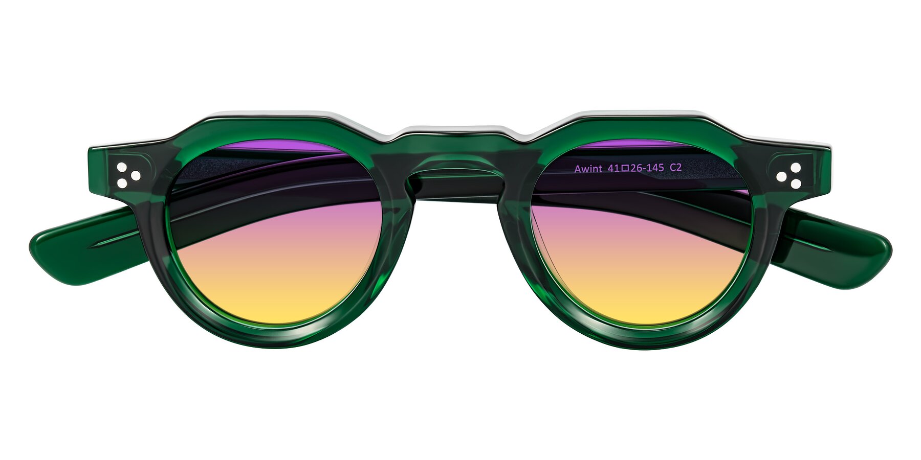 Folded Front of Awint in Emerald Green with Purple / Yellow Gradient Lenses