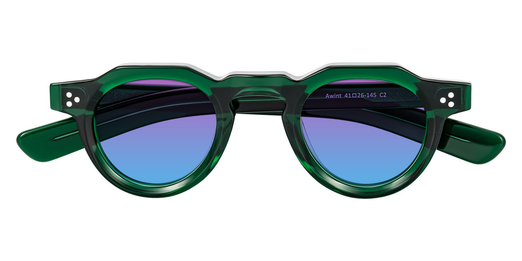 Folded Front of Awint in Emerald Green with Purple / Blue Gradient Lenses