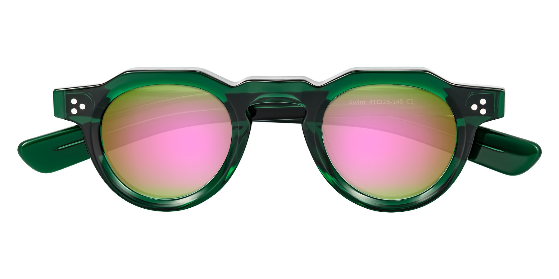Folded Front of Awint in Emerald Green with Pink Mirrored Lenses