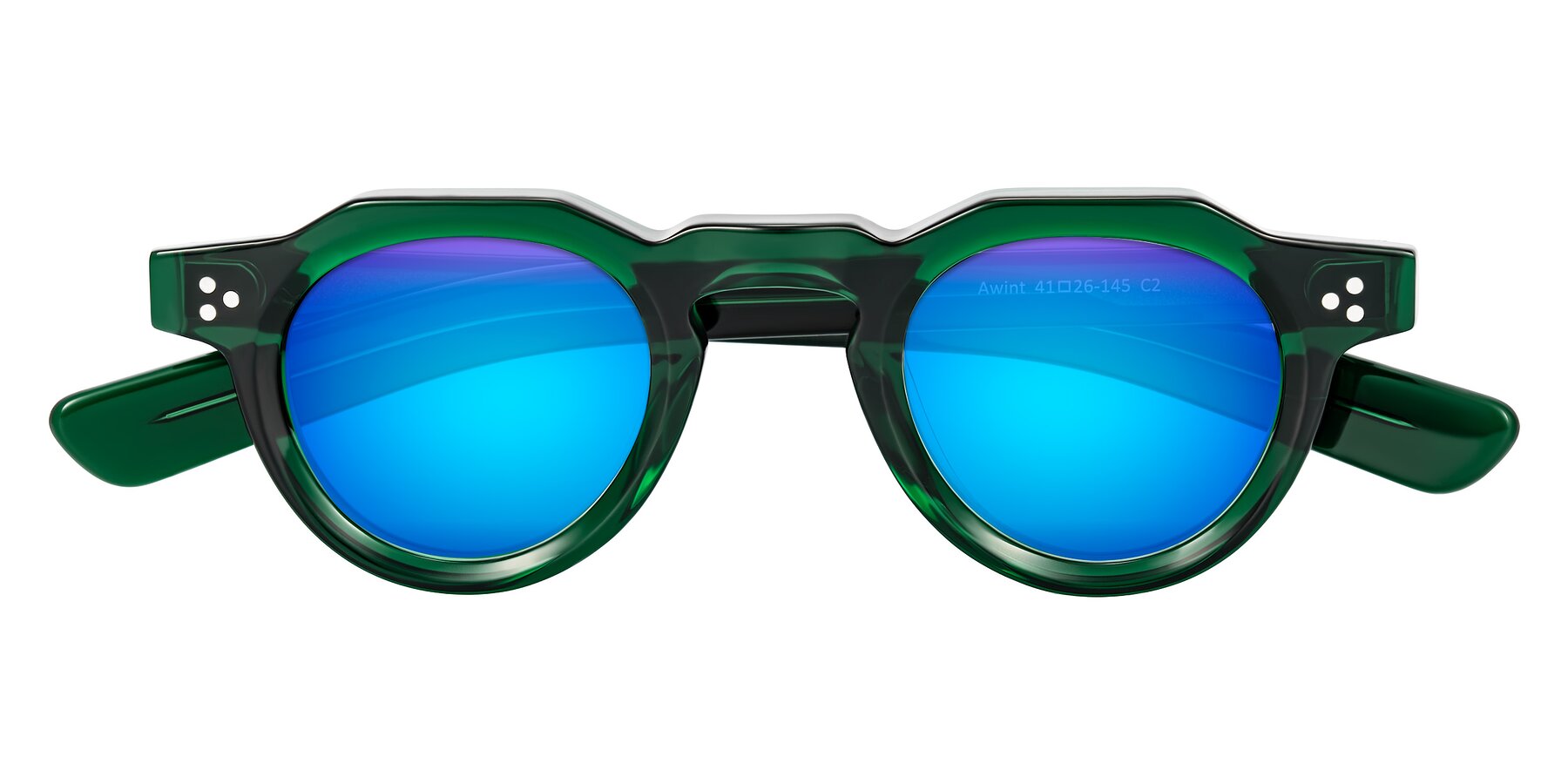 Folded Front of Awint in Emerald Green with Blue Mirrored Lenses