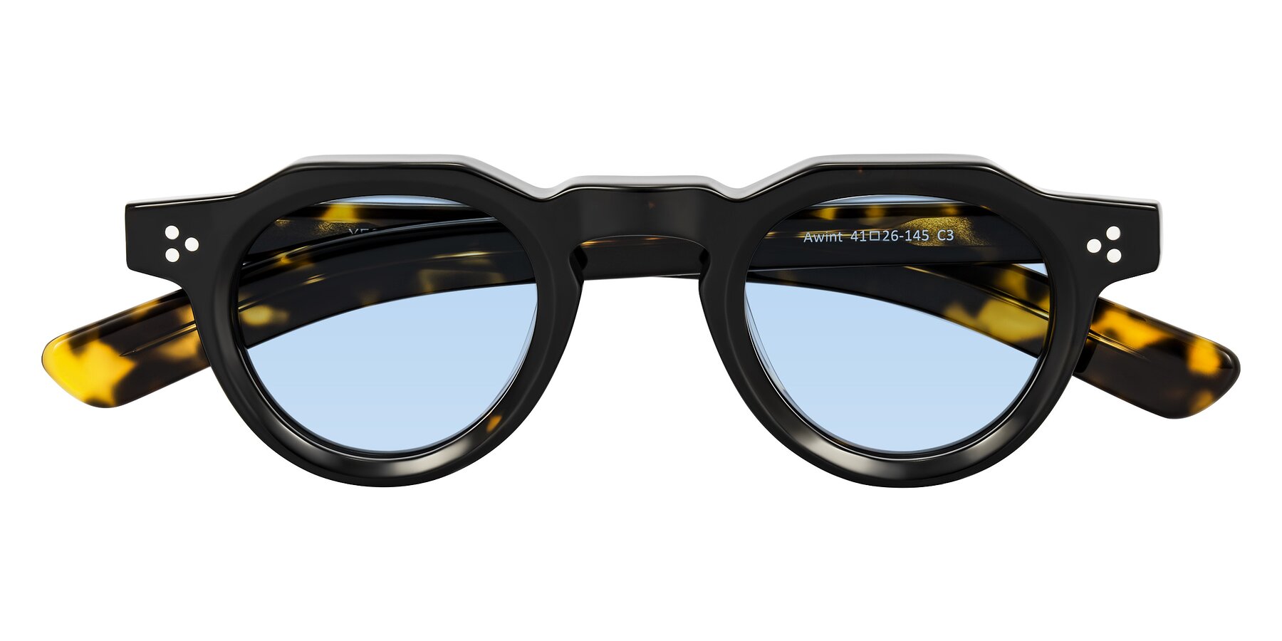 Folded Front of Awint in Dark Tortoise with Light Blue Tinted Lenses