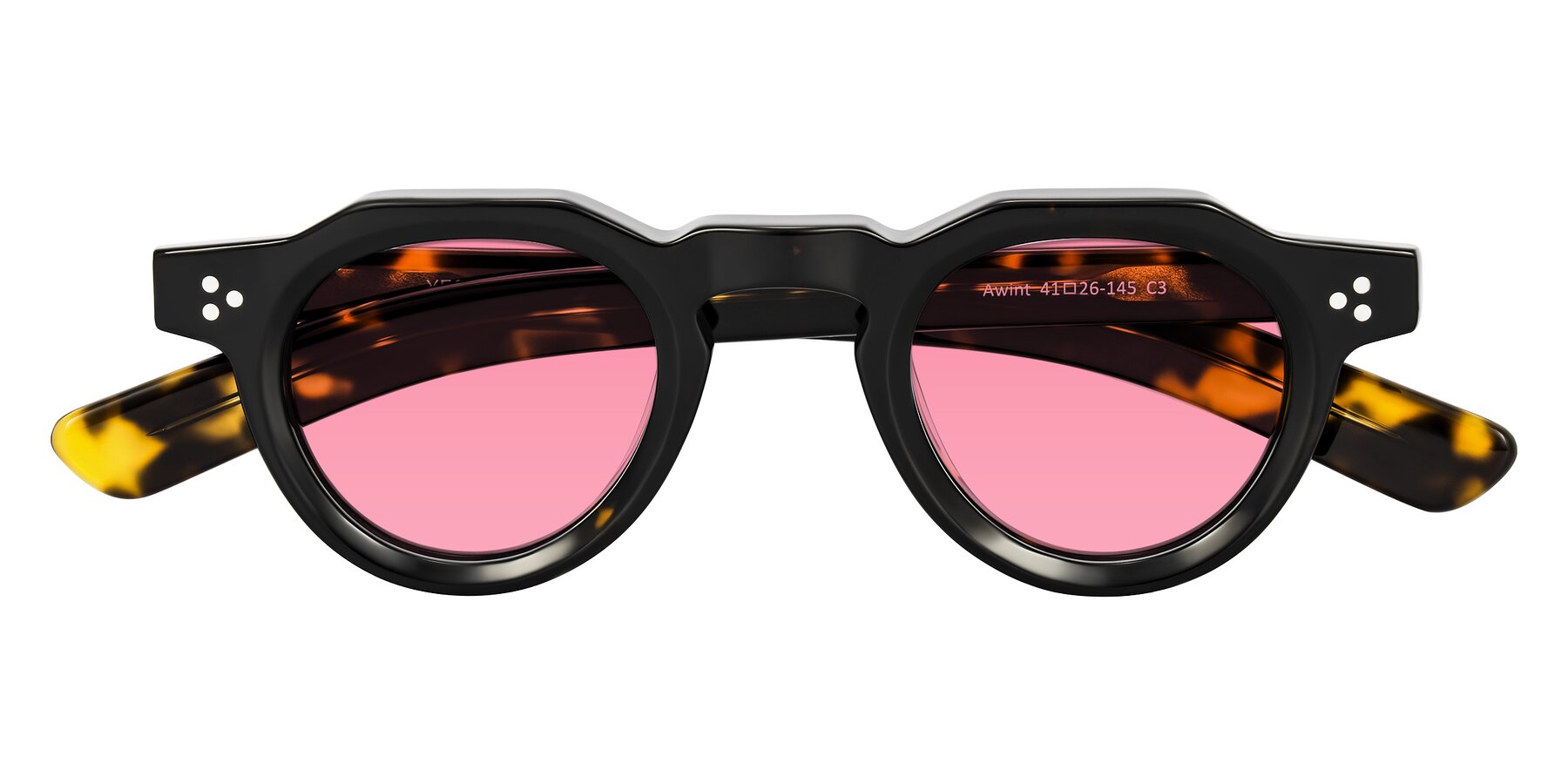 Folded Front of Awint in Dark Tortoise with Pink Tinted Lenses