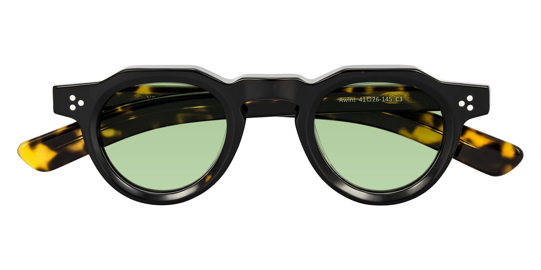 Folded Front of Awint in Dark Tortoise with Medium Green Tinted Lenses