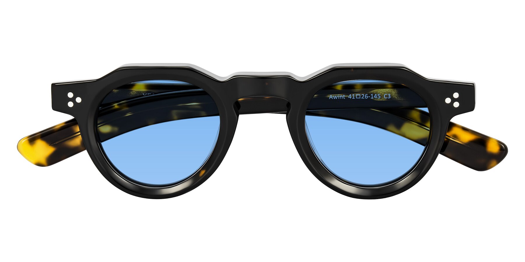 Folded Front of Awint in Dark Tortoise with Medium Blue Tinted Lenses