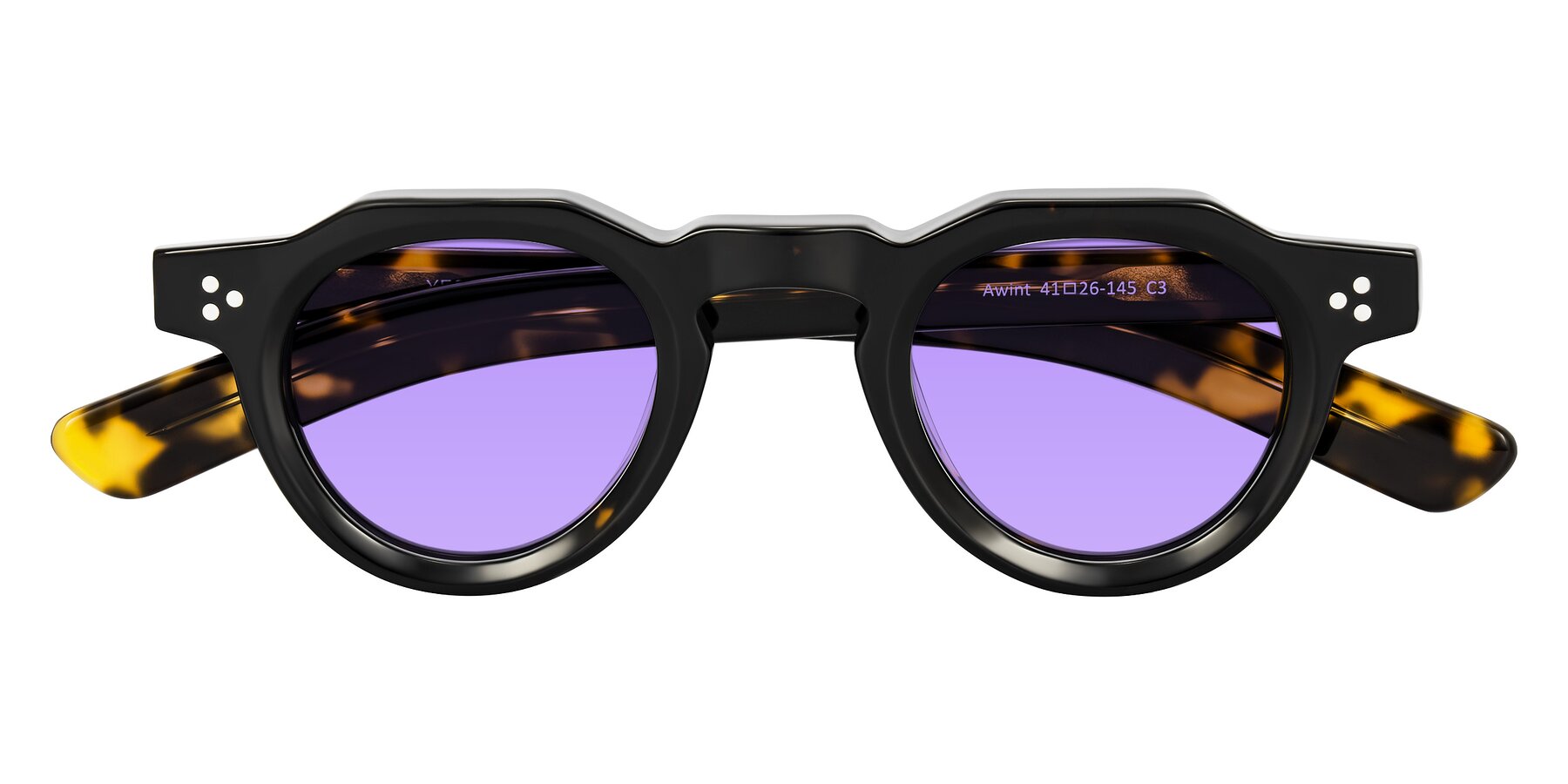 Folded Front of Awint in Dark Tortoise with Medium Purple Tinted Lenses