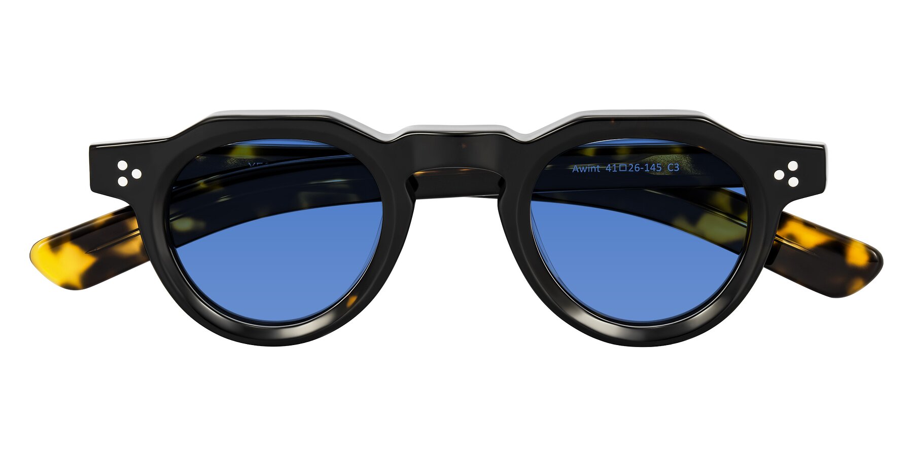 Folded Front of Awint in Dark Tortoise with Blue Tinted Lenses
