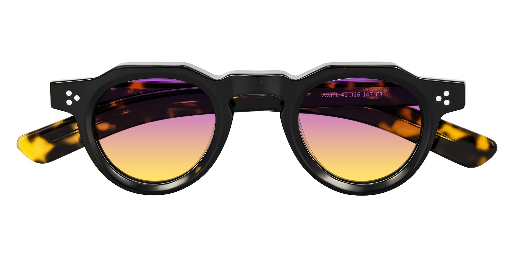Folded Front of Awint in Dark Tortoise with Purple / Yellow Gradient Lenses