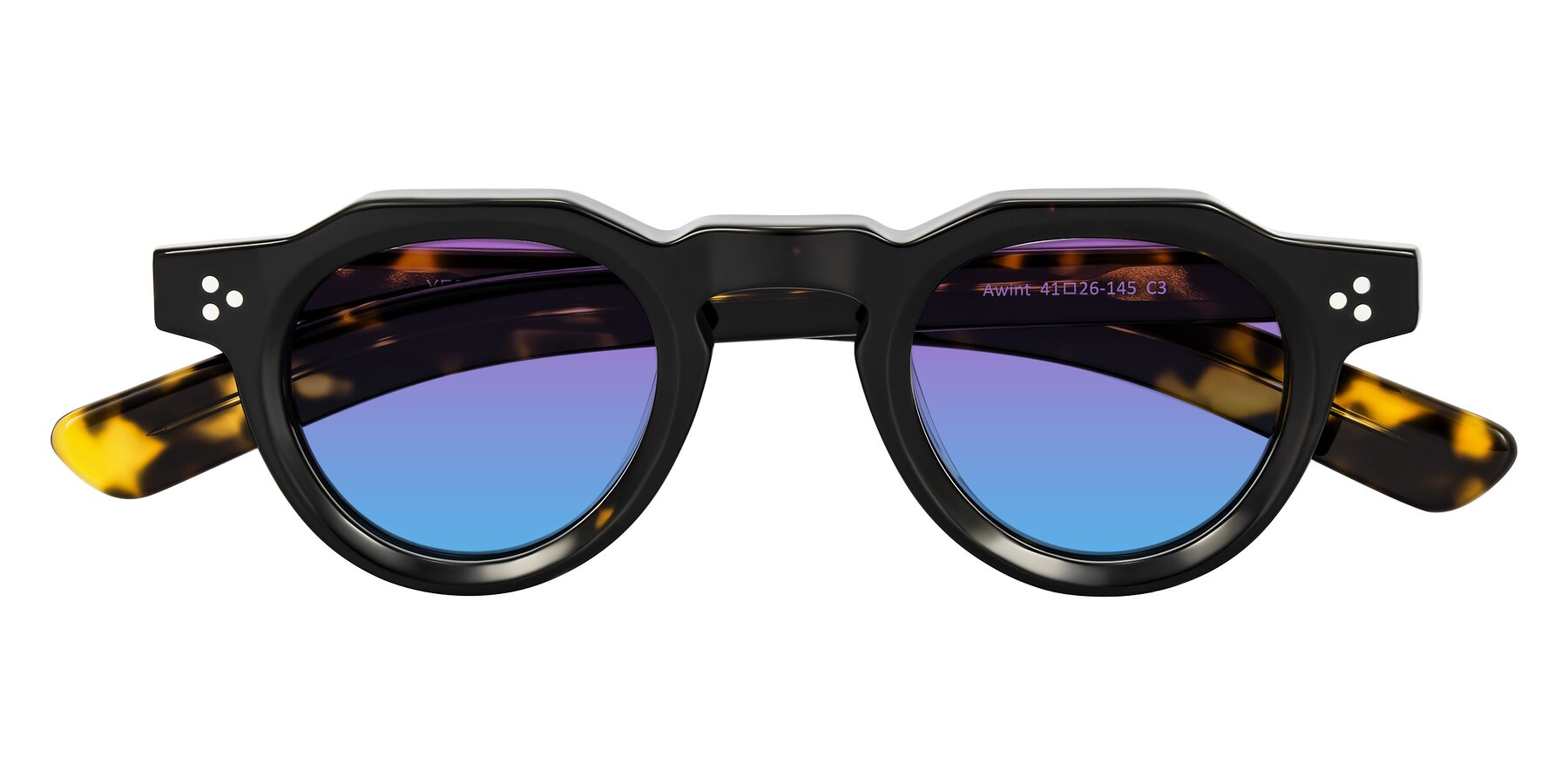 Folded Front of Awint in Dark Tortoise with Purple / Blue Gradient Lenses