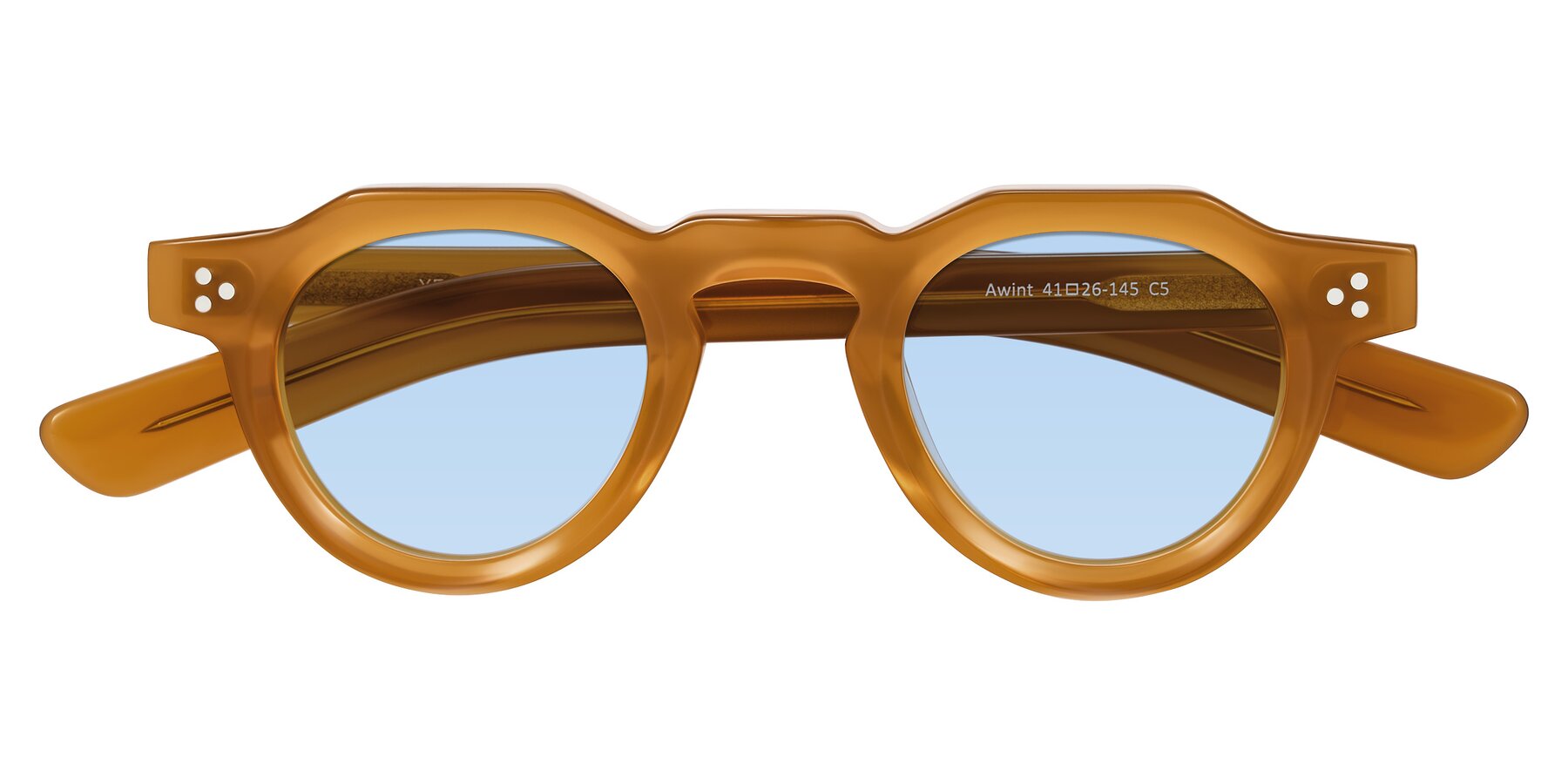 Folded Front of Awint in Caramel with Light Blue Tinted Lenses