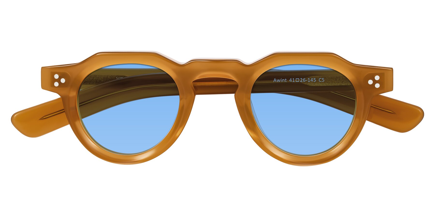 Folded Front of Awint in Caramel with Medium Blue Tinted Lenses