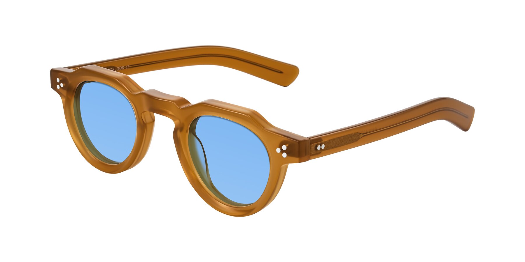 Angle of Awint in Caramel with Medium Blue Tinted Lenses