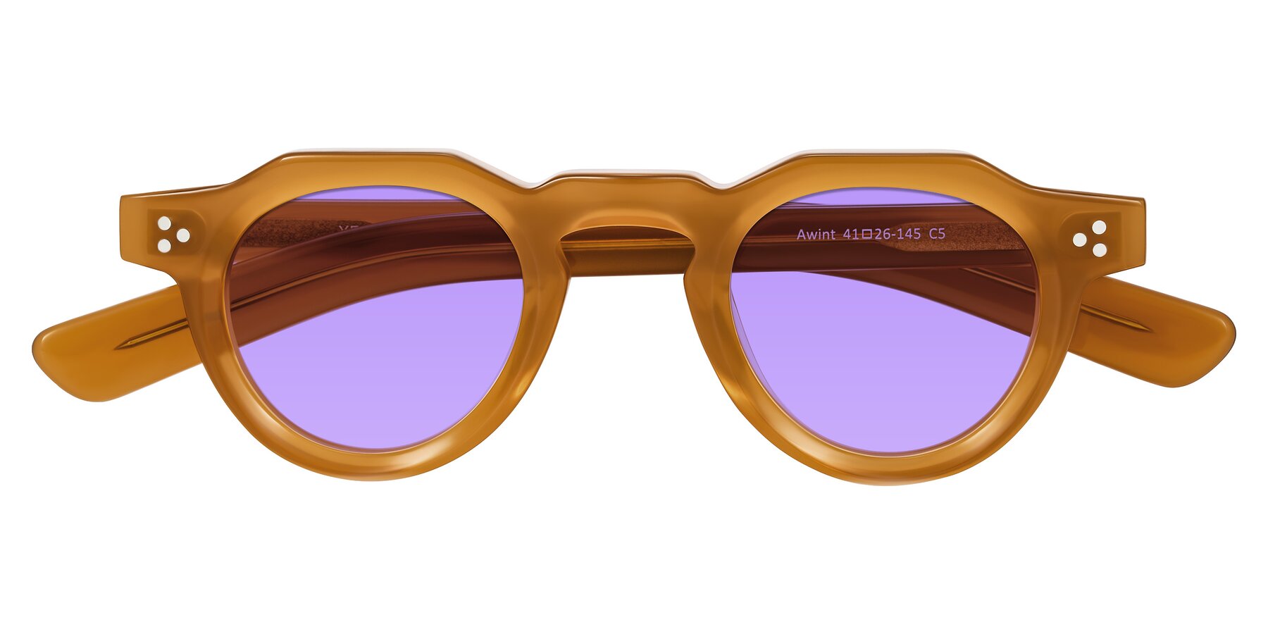 Folded Front of Awint in Caramel with Medium Purple Tinted Lenses