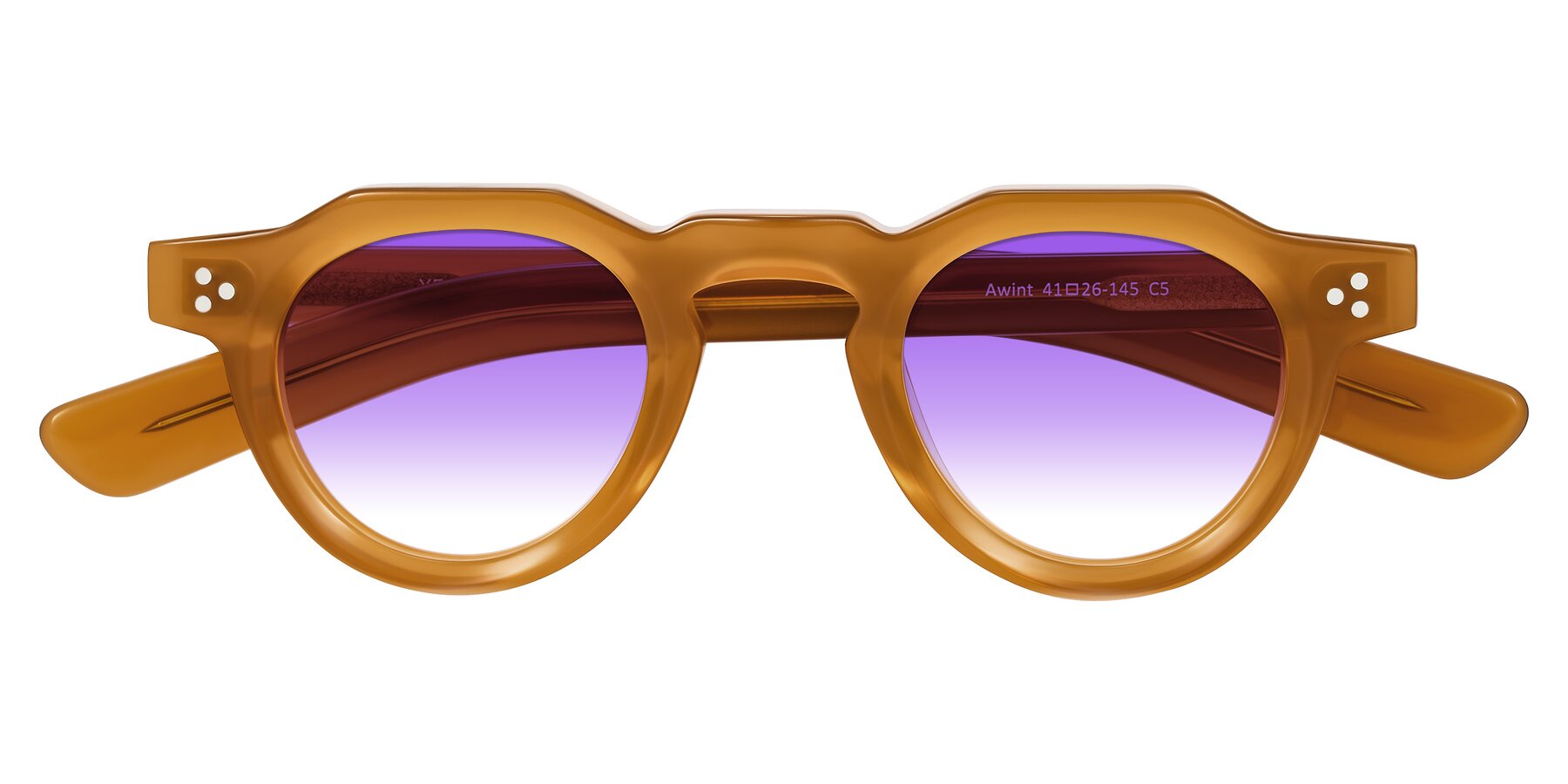 Folded Front of Awint in Caramel with Purple Gradient Lenses