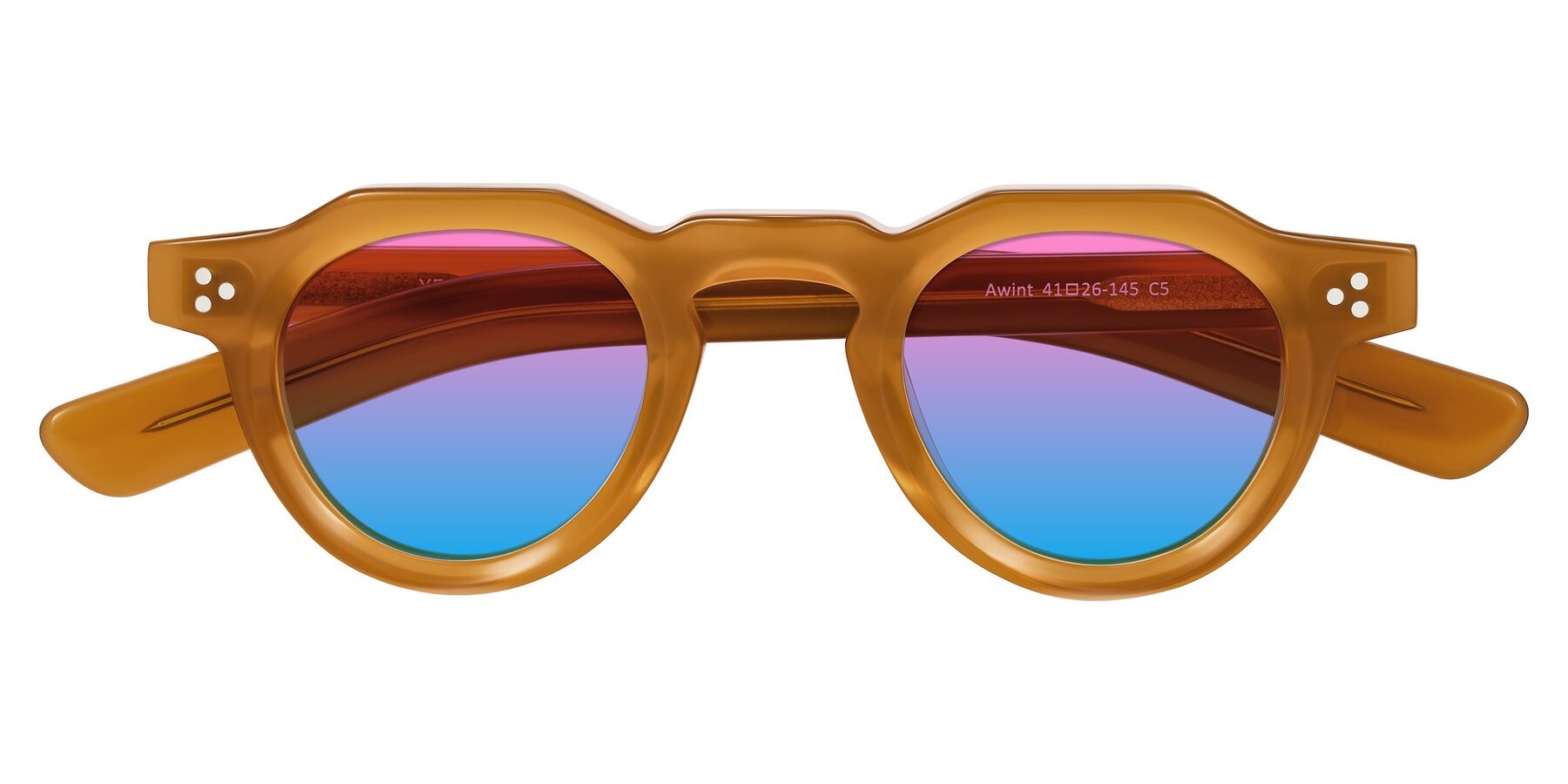 Folded Front of Awint in Caramel with Pink / Blue Gradient Lenses