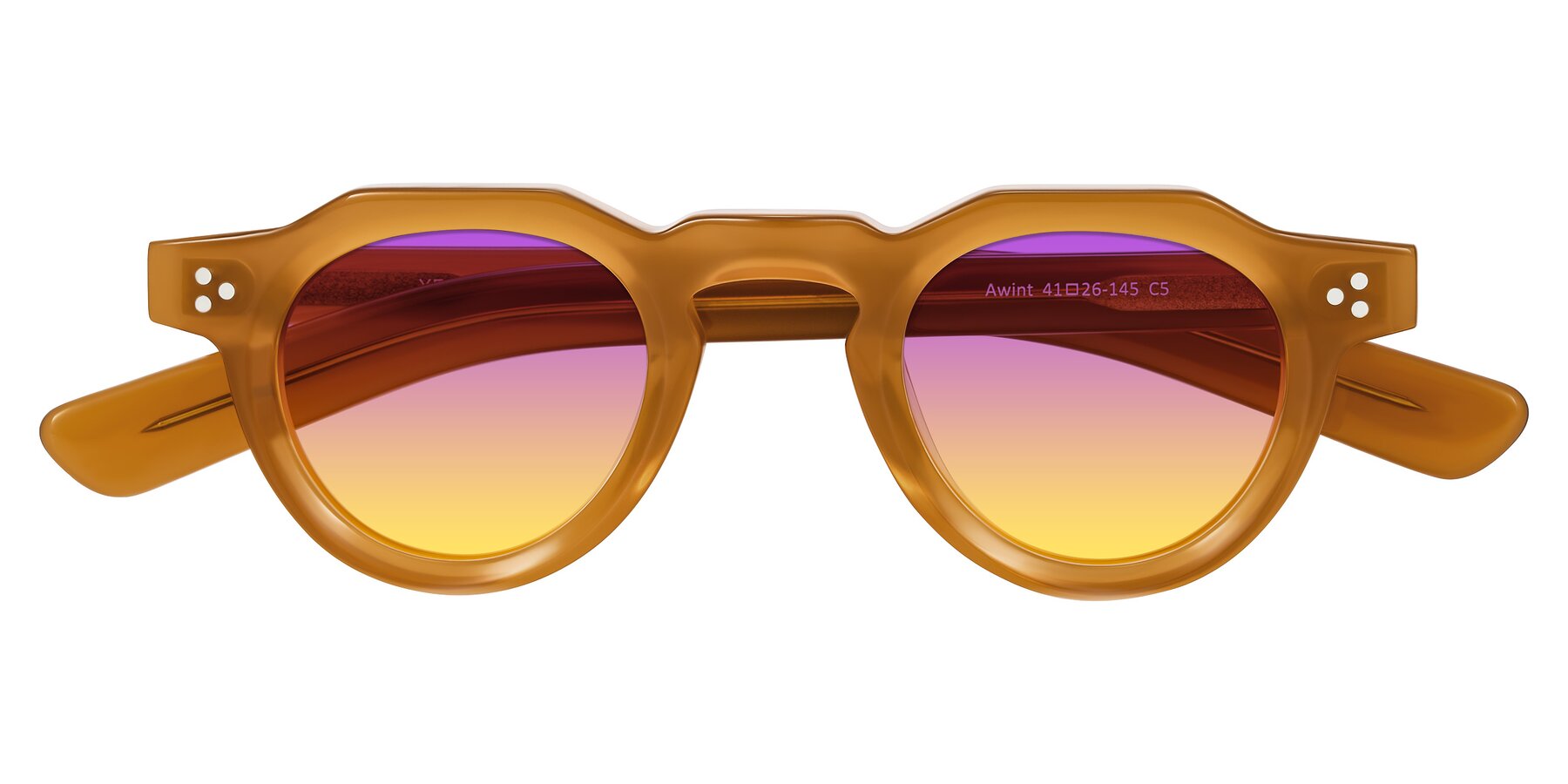 Folded Front of Awint in Caramel with Purple / Yellow Gradient Lenses