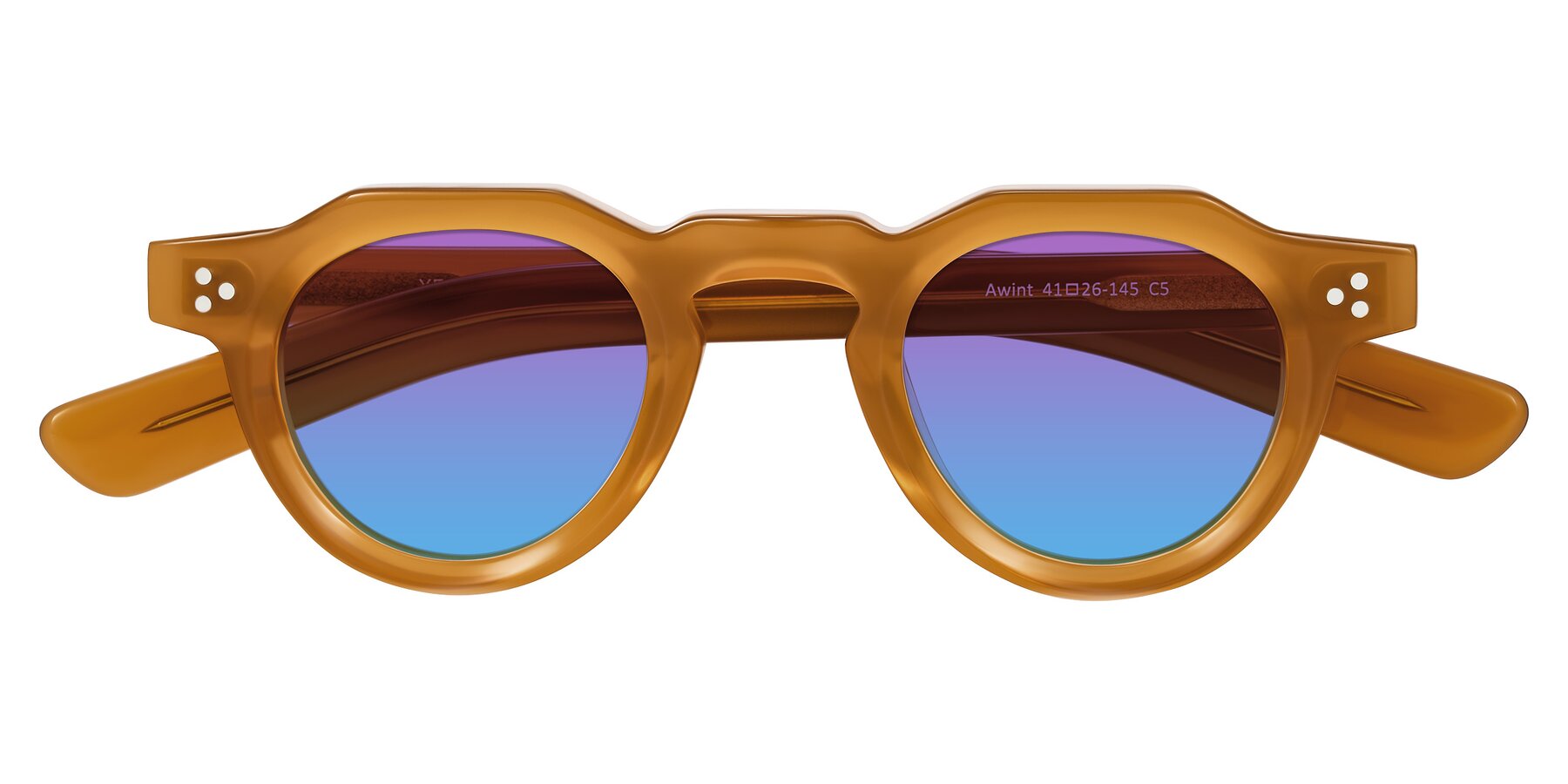 Folded Front of Awint in Caramel with Purple / Blue Gradient Lenses