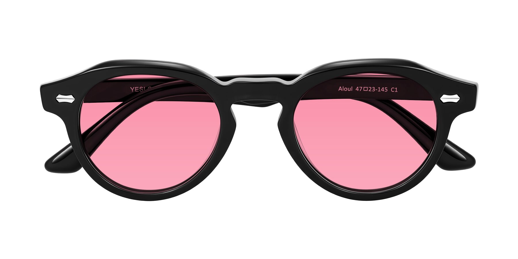 Folded Front of Aloul in Black with Pink Tinted Lenses
