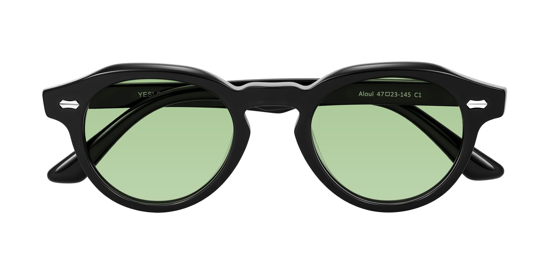 Folded Front of Aloul in Black with Medium Green Tinted Lenses