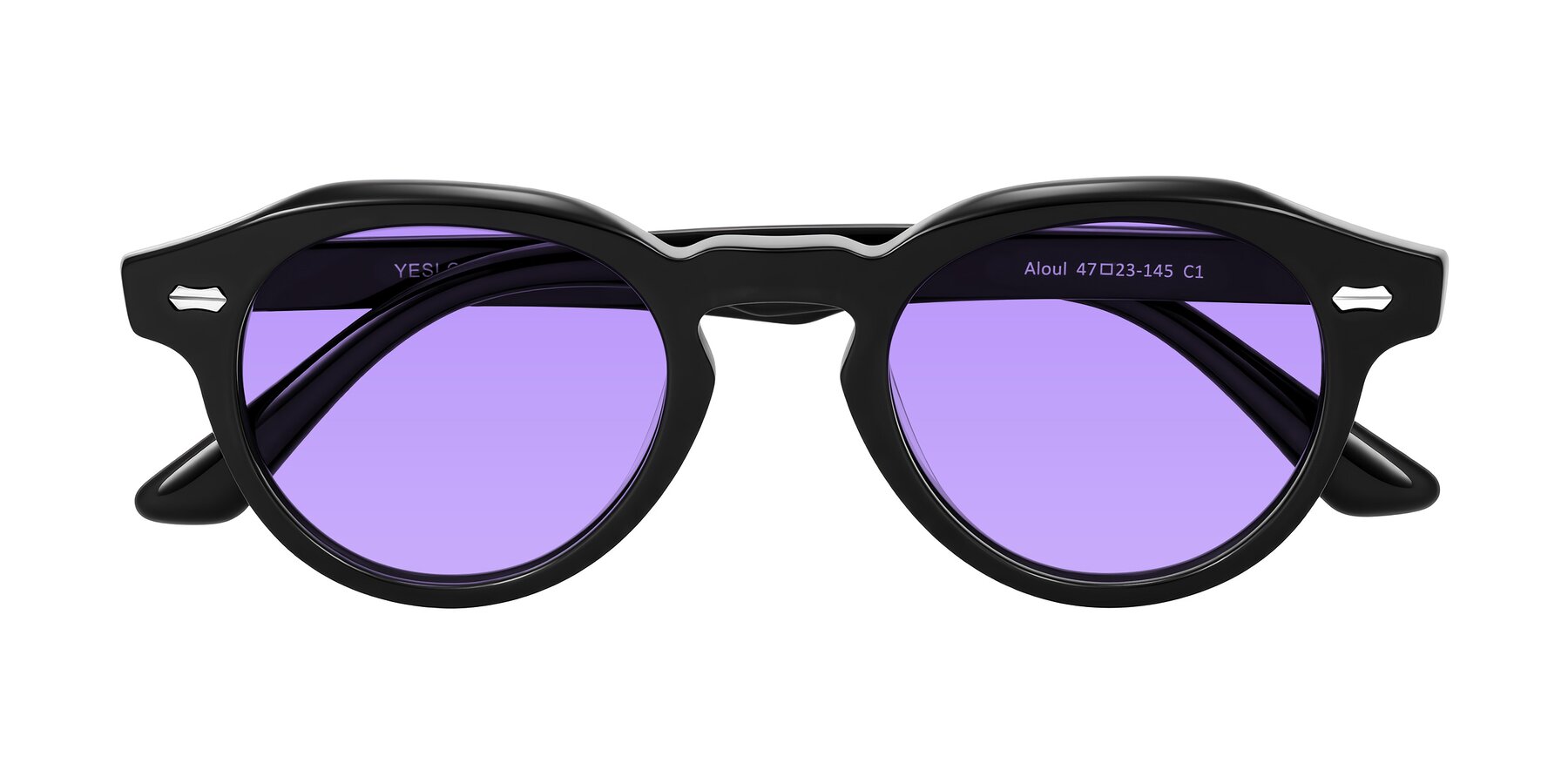 Folded Front of Aloul in Black with Medium Purple Tinted Lenses