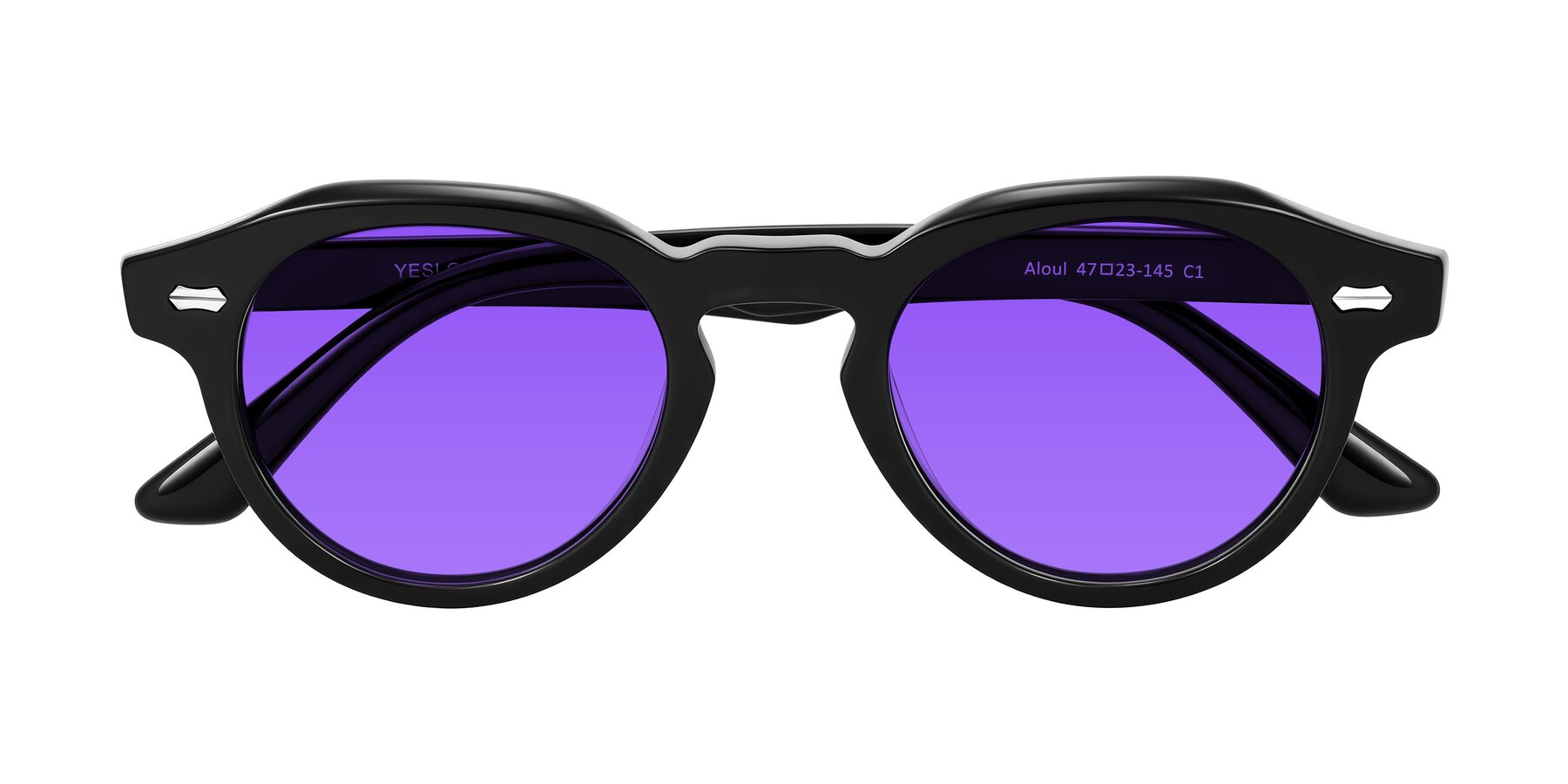 Folded Front of Aloul in Black with Purple Tinted Lenses