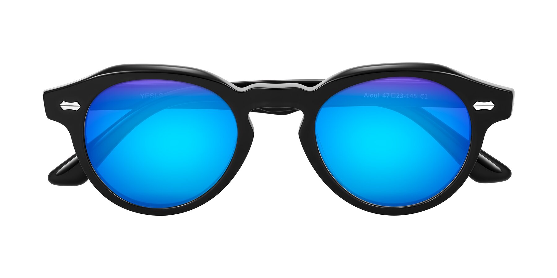 Folded Front of Aloul in Black with Blue Mirrored Lenses