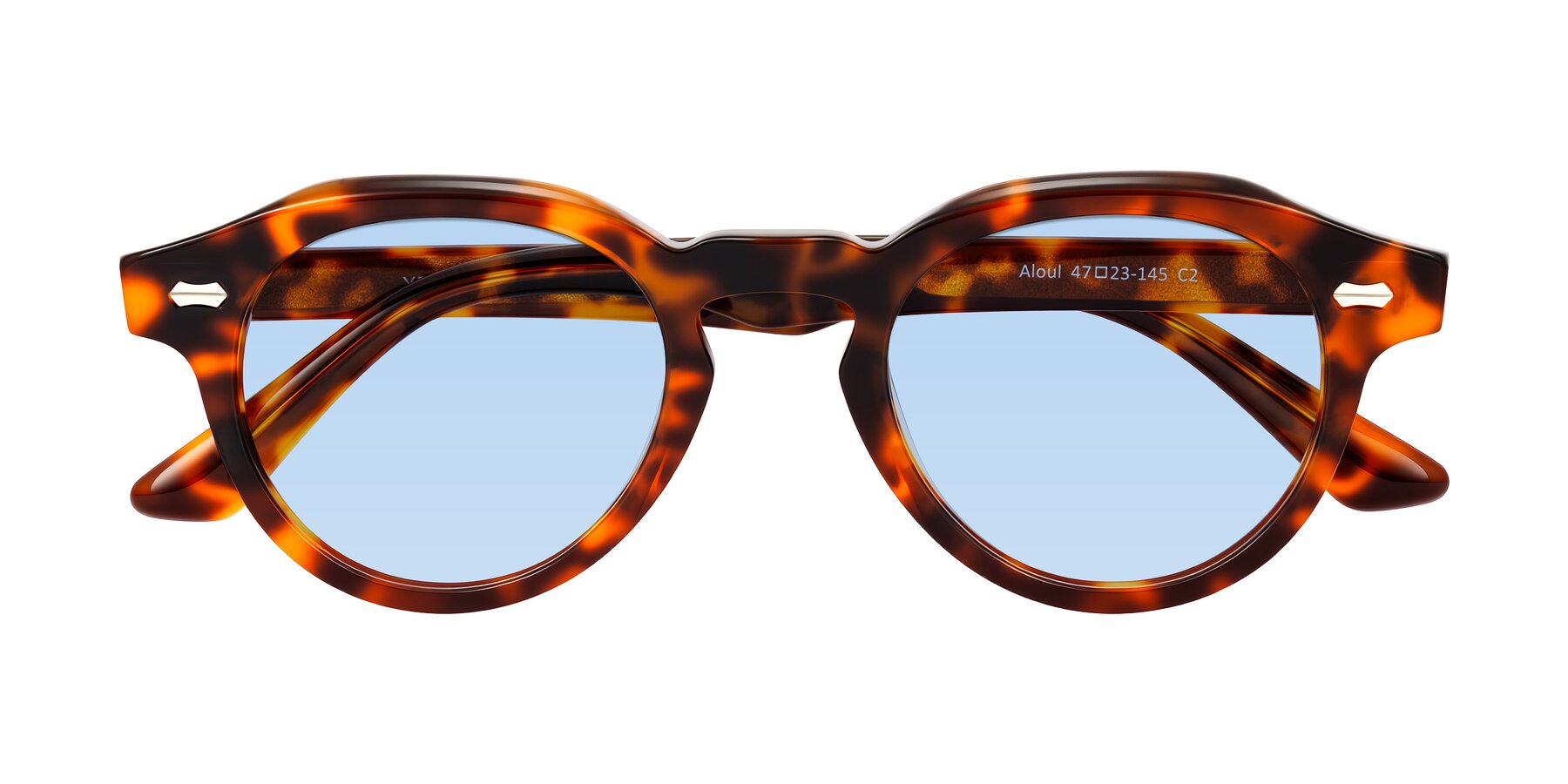 Folded Front of Aloul in Tortoise with Light Blue Tinted Lenses
