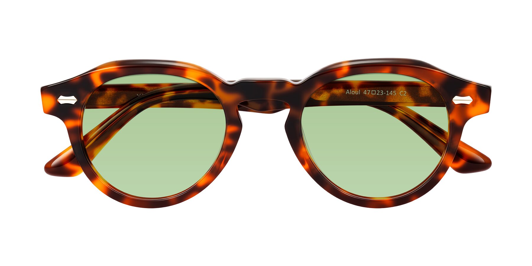 Folded Front of Aloul in Tortoise with Medium Green Tinted Lenses