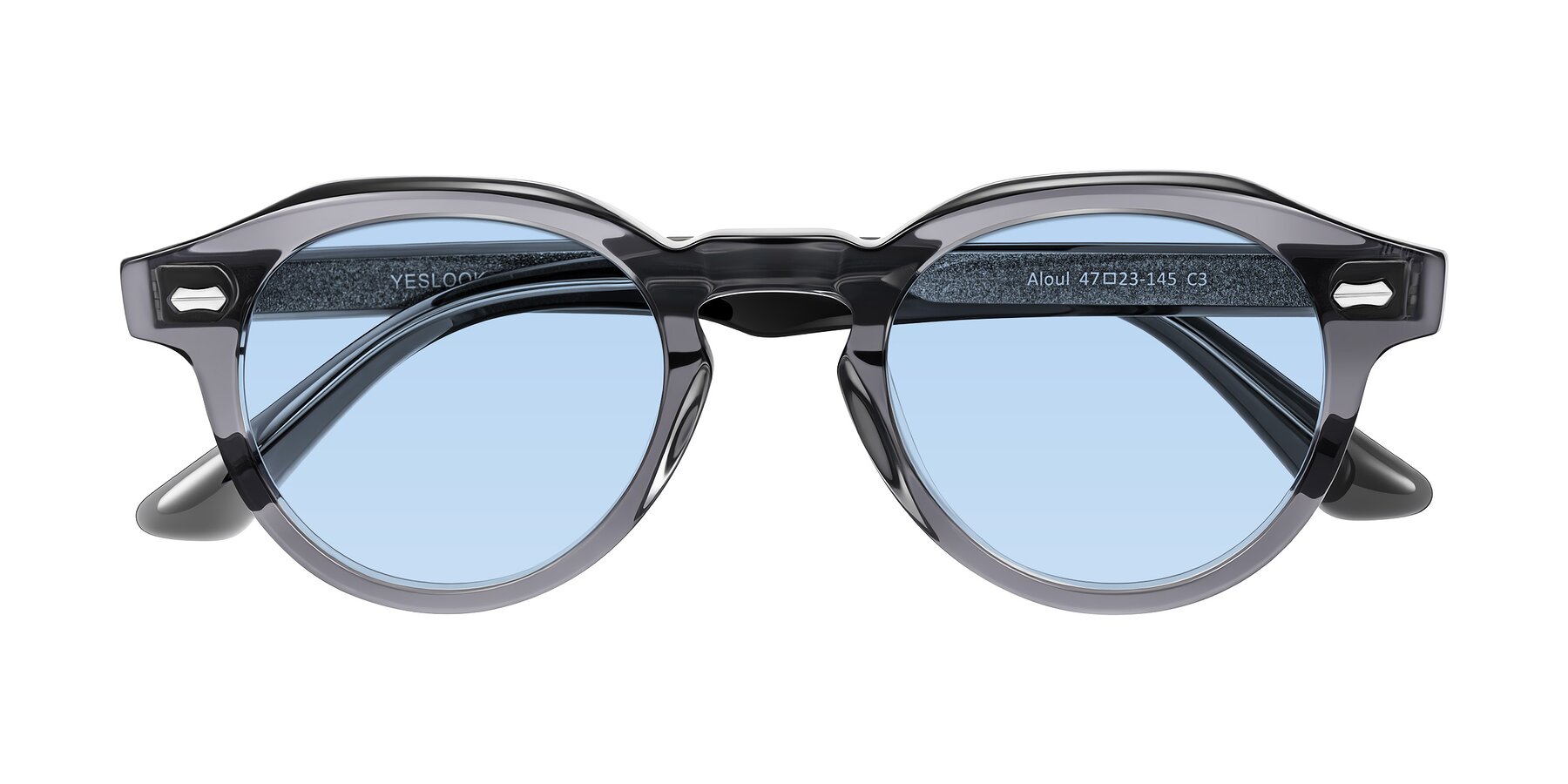 Folded Front of Aloul in Gray with Light Blue Tinted Lenses
