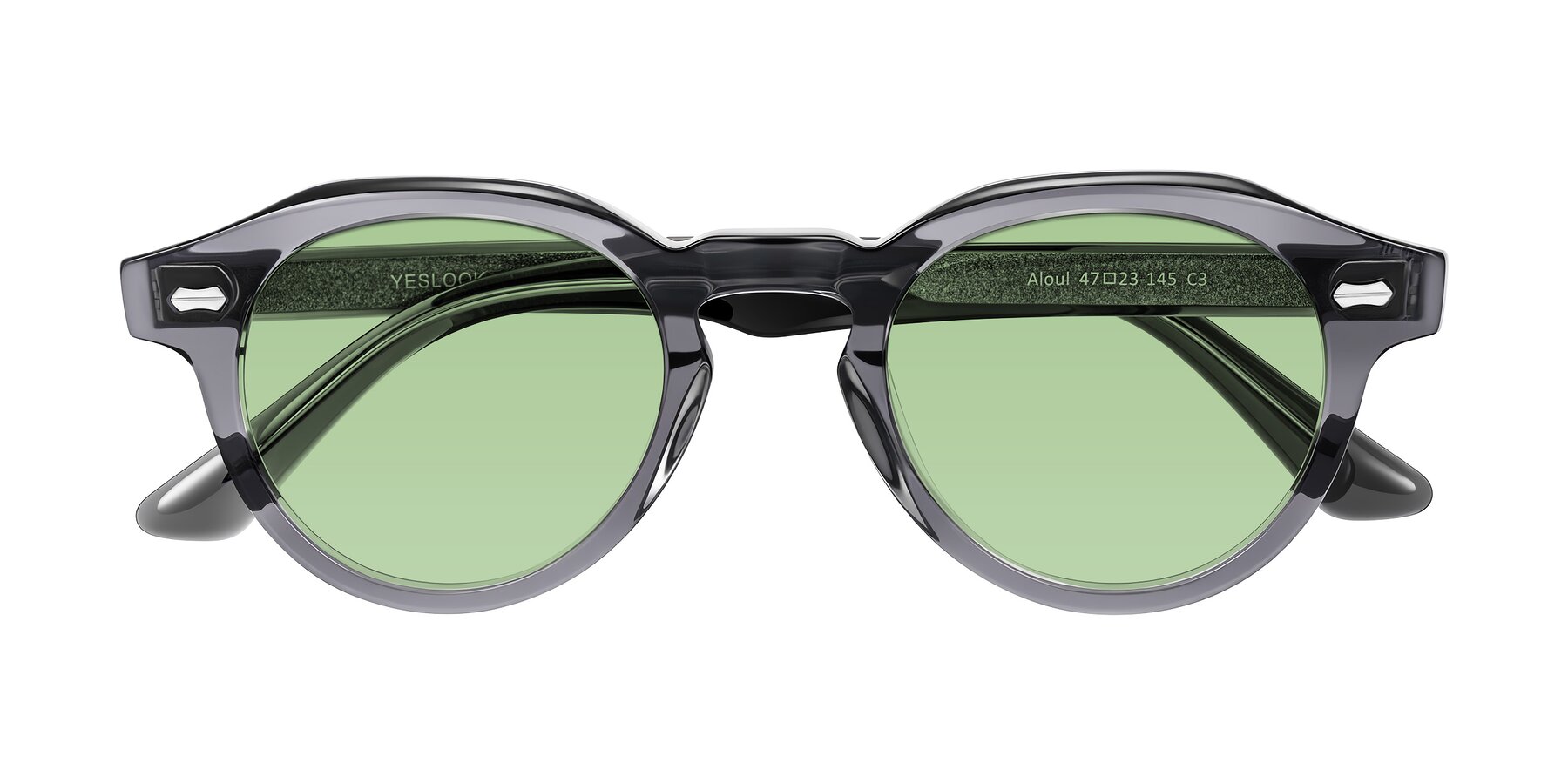 Folded Front of Aloul in Gray with Medium Green Tinted Lenses