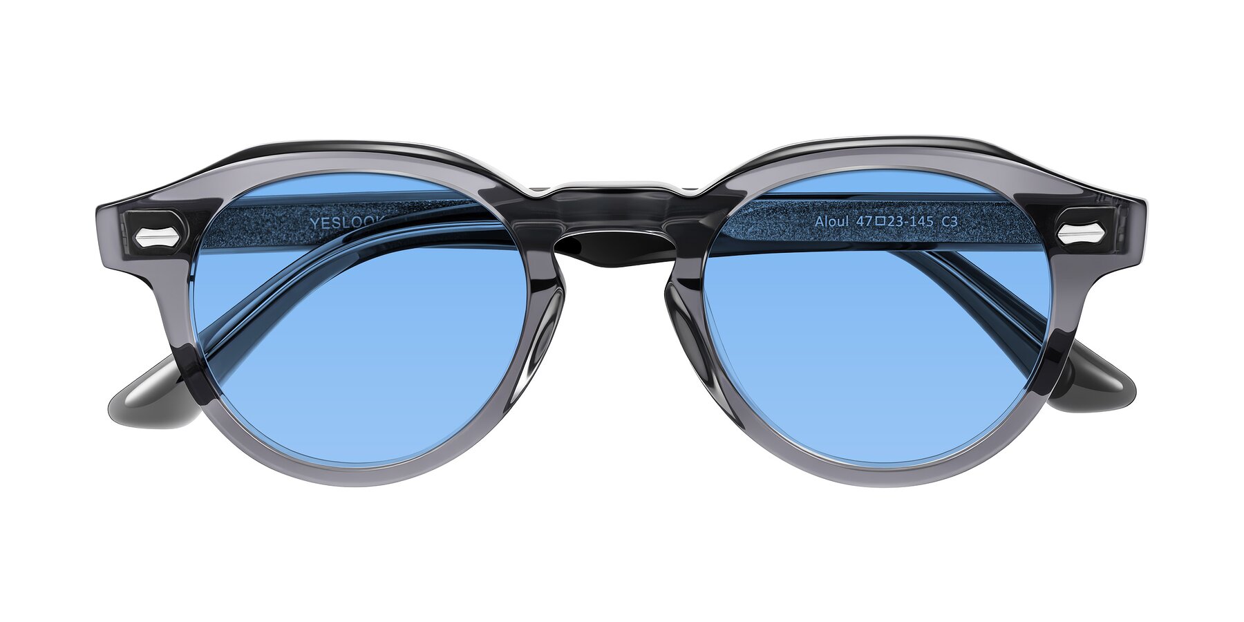 Folded Front of Aloul in Gray with Medium Blue Tinted Lenses