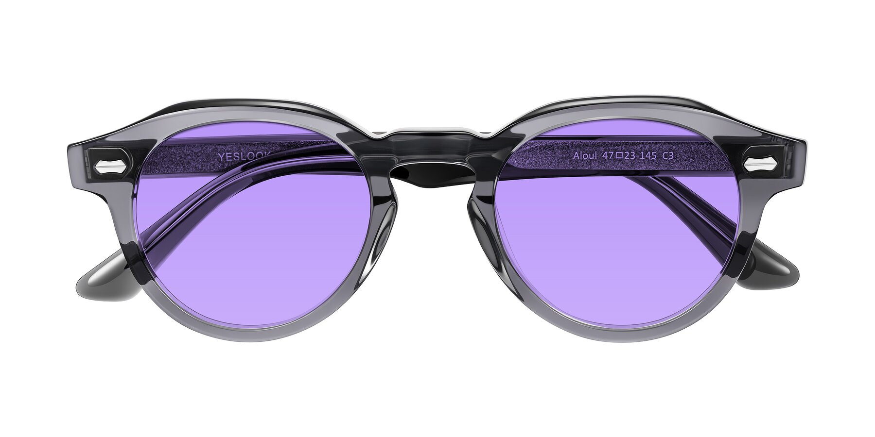 Folded Front of Aloul in Gray with Medium Purple Tinted Lenses