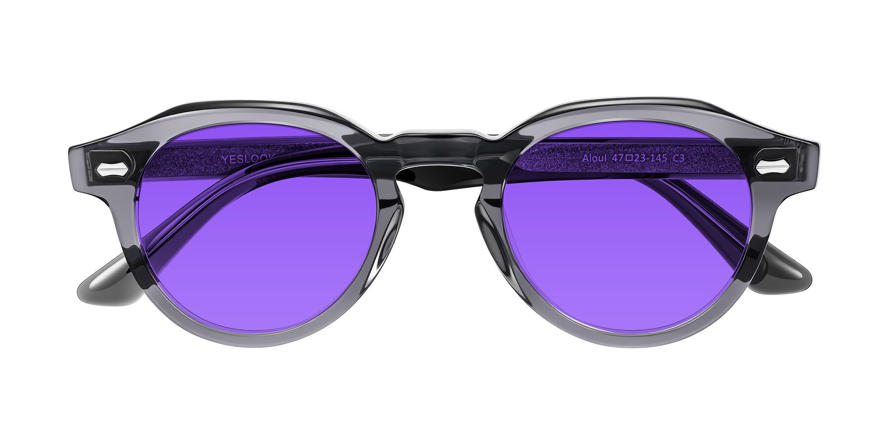 Folded Front of Aloul in Gray with Purple Tinted Lenses
