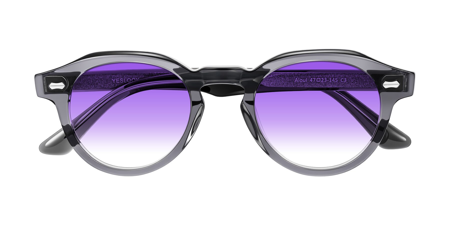 Folded Front of Aloul in Gray with Purple Gradient Lenses