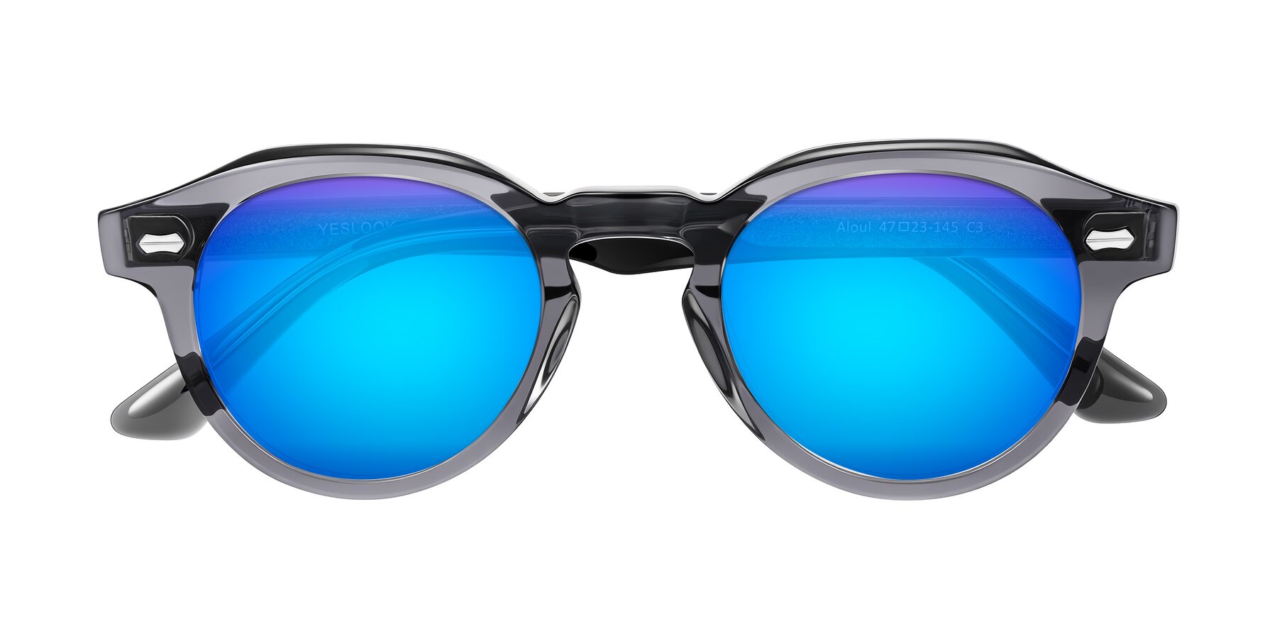 Folded Front of Aloul in Gray with Blue Mirrored Lenses