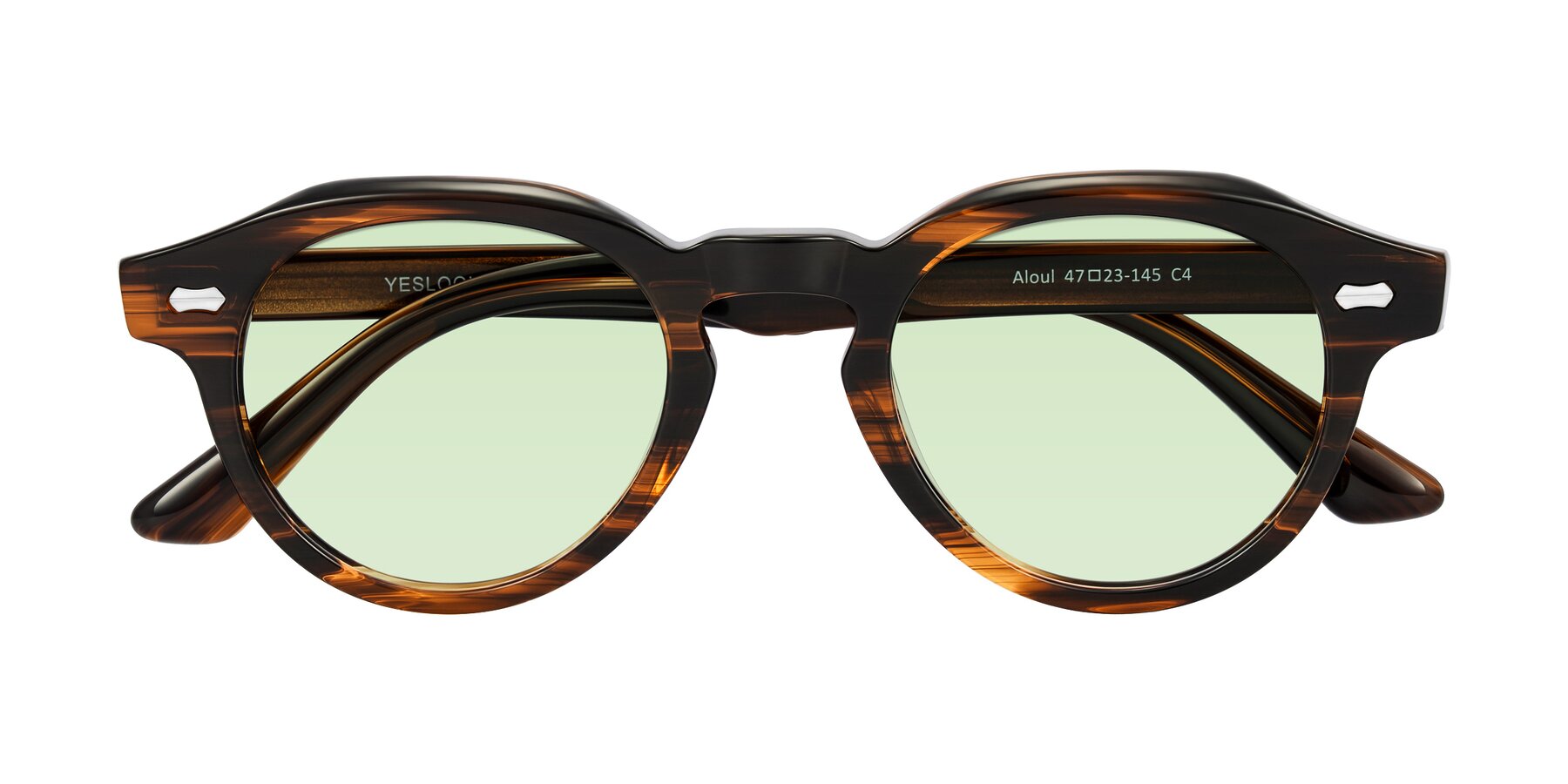 Folded Front of Aloul in Brown Striped with Light Green Tinted Lenses