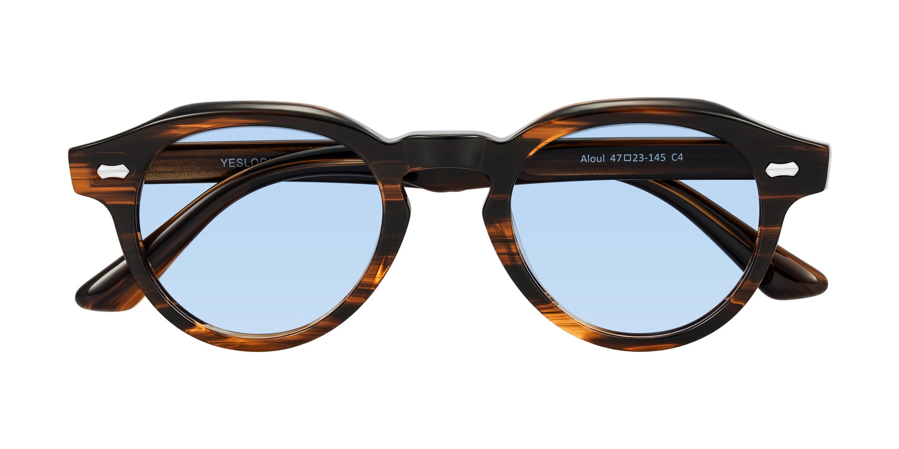 Folded Front of Aloul in Brown Striped with Light Blue Tinted Lenses