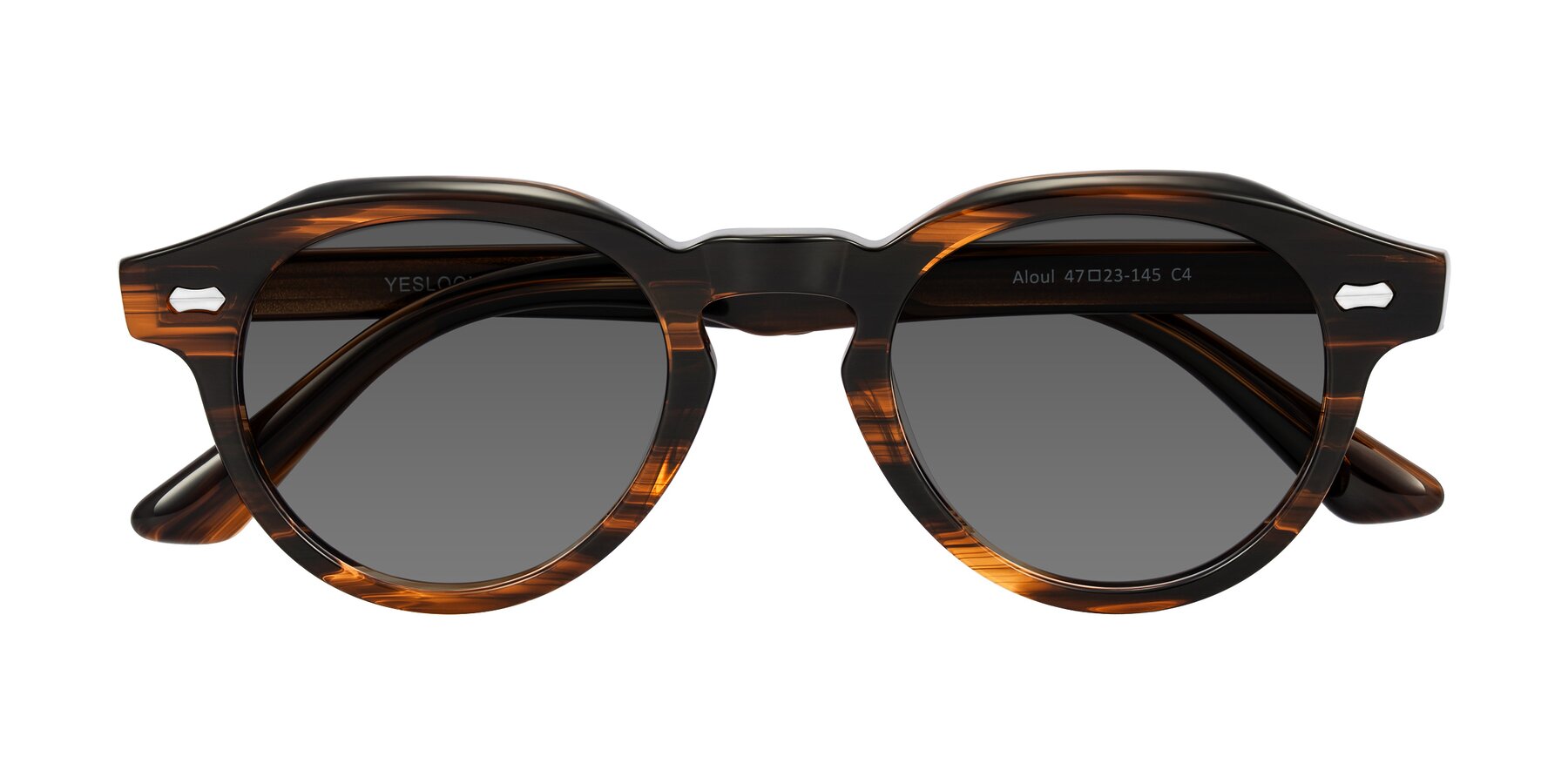 Folded Front of Aloul in Brown Striped with Medium Gray Tinted Lenses