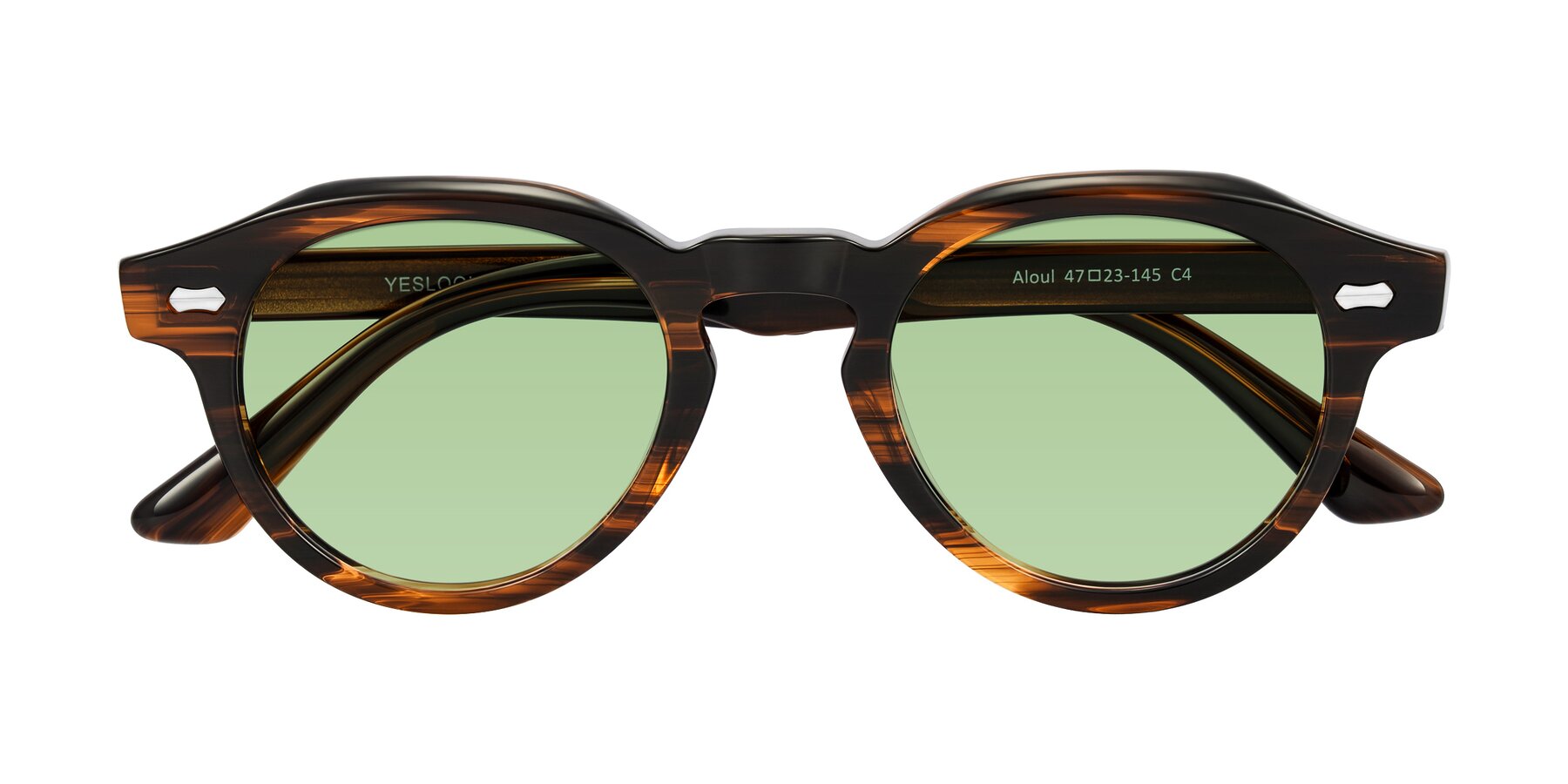 Folded Front of Aloul in Brown Striped with Medium Green Tinted Lenses