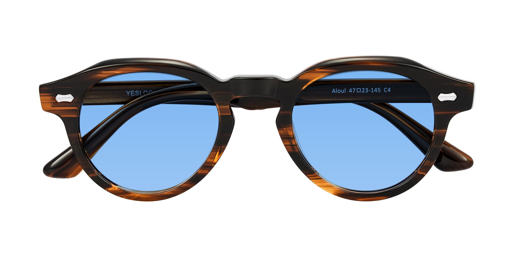 Folded Front of Aloul in Brown Striped with Medium Blue Tinted Lenses