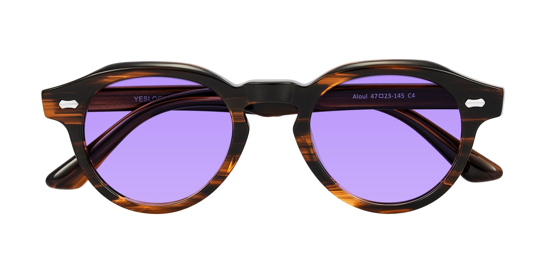 Folded Front of Aloul in Brown Striped with Medium Purple Tinted Lenses