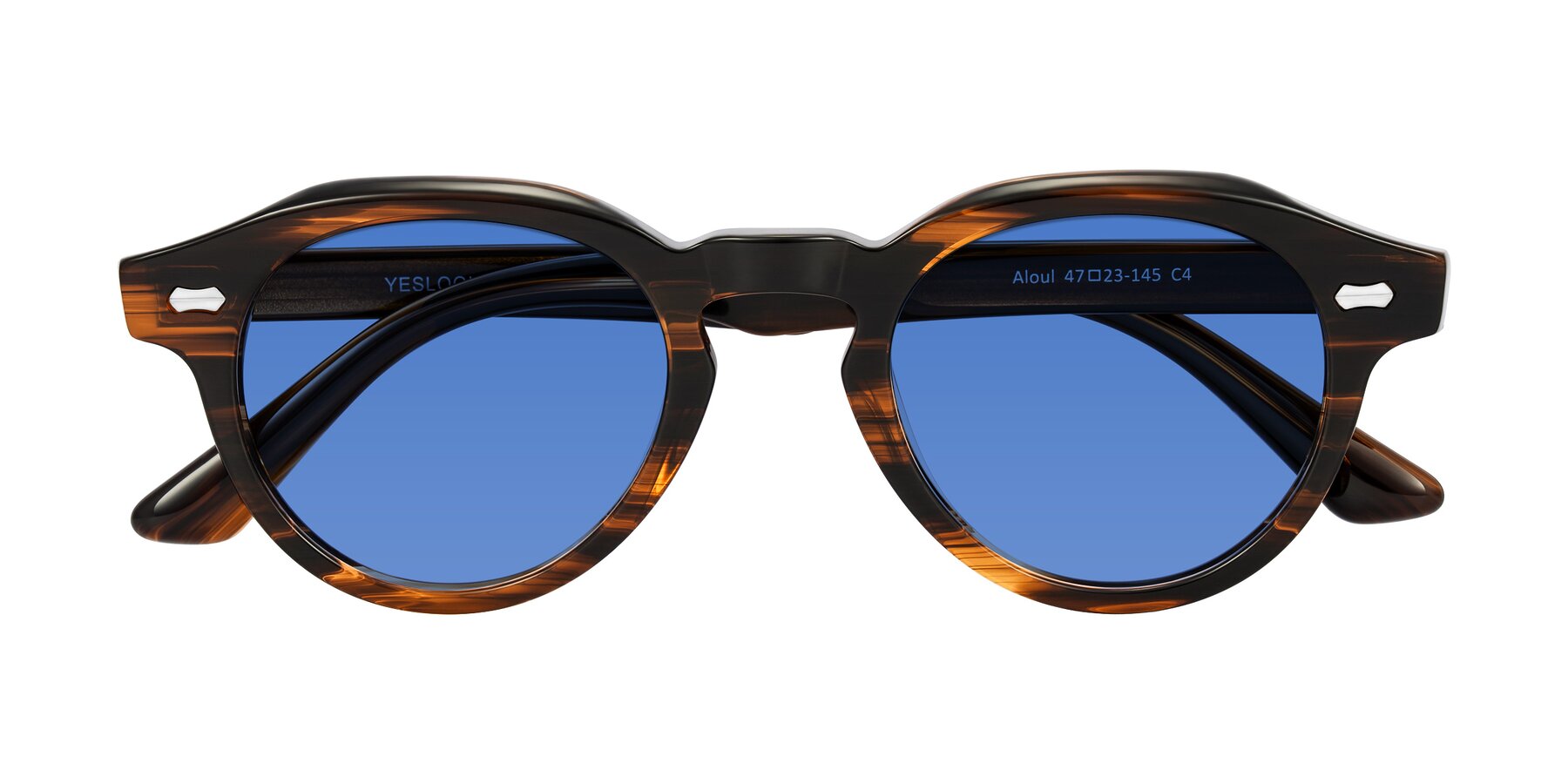 Folded Front of Aloul in Brown Striped with Blue Tinted Lenses