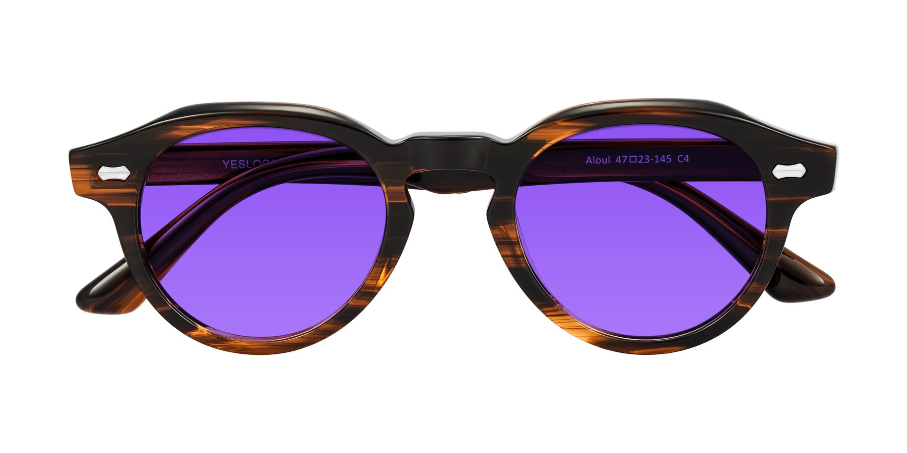 Folded Front of Aloul in Brown Striped with Purple Tinted Lenses