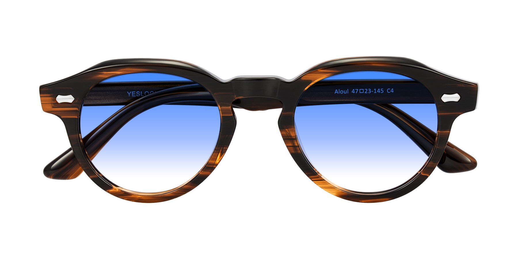 Folded Front of Aloul in Brown Striped with Blue Gradient Lenses