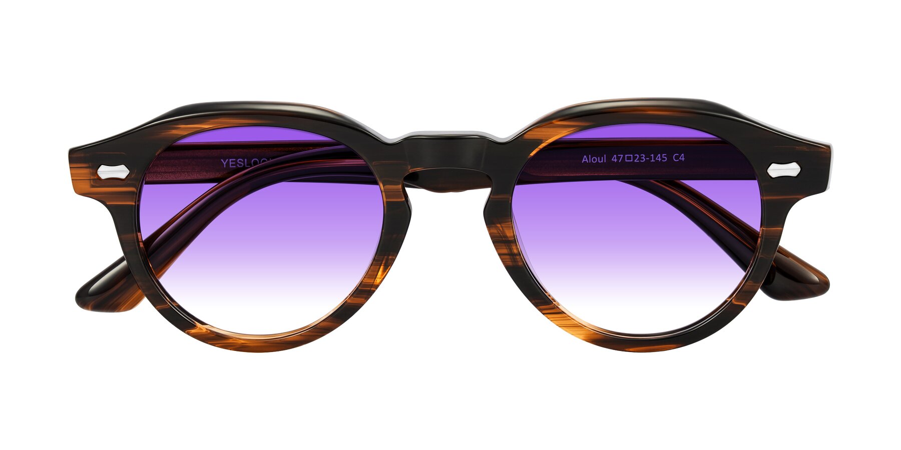 Folded Front of Aloul in Brown Striped with Purple Gradient Lenses