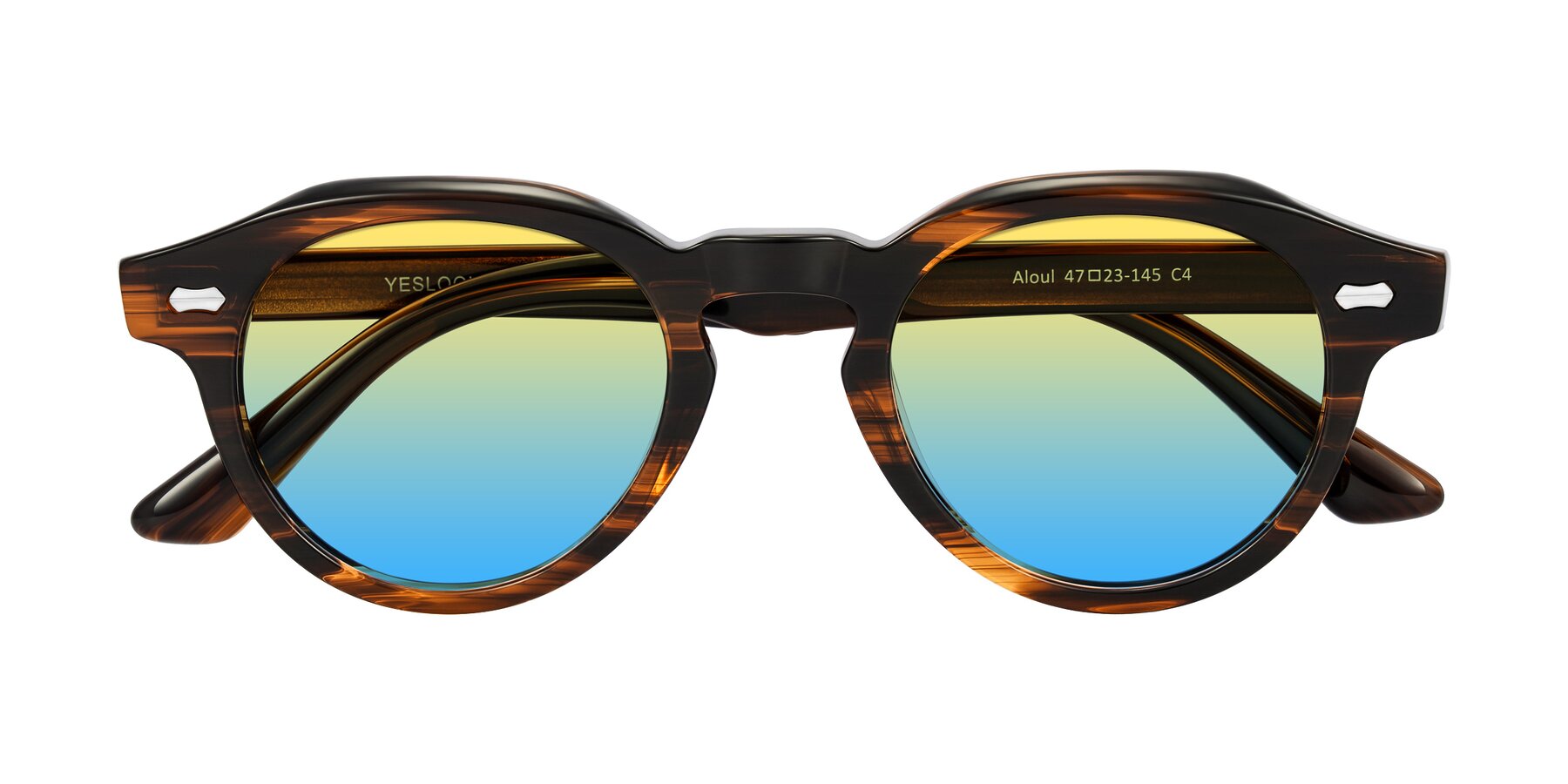 Folded Front of Aloul in Brown Striped with Yellow / Blue Gradient Lenses