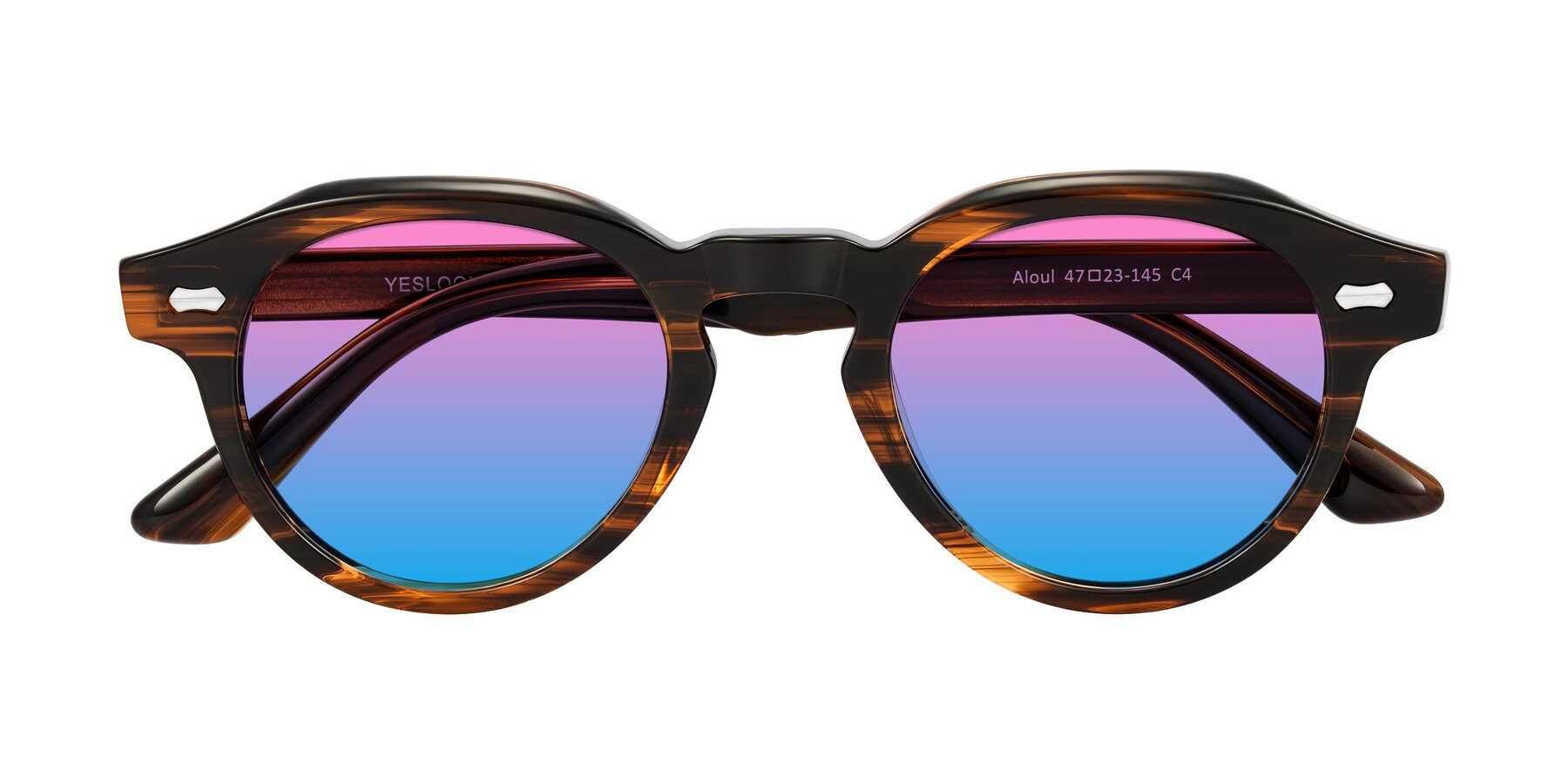 Folded Front of Aloul in Brown Striped with Pink / Blue Gradient Lenses
