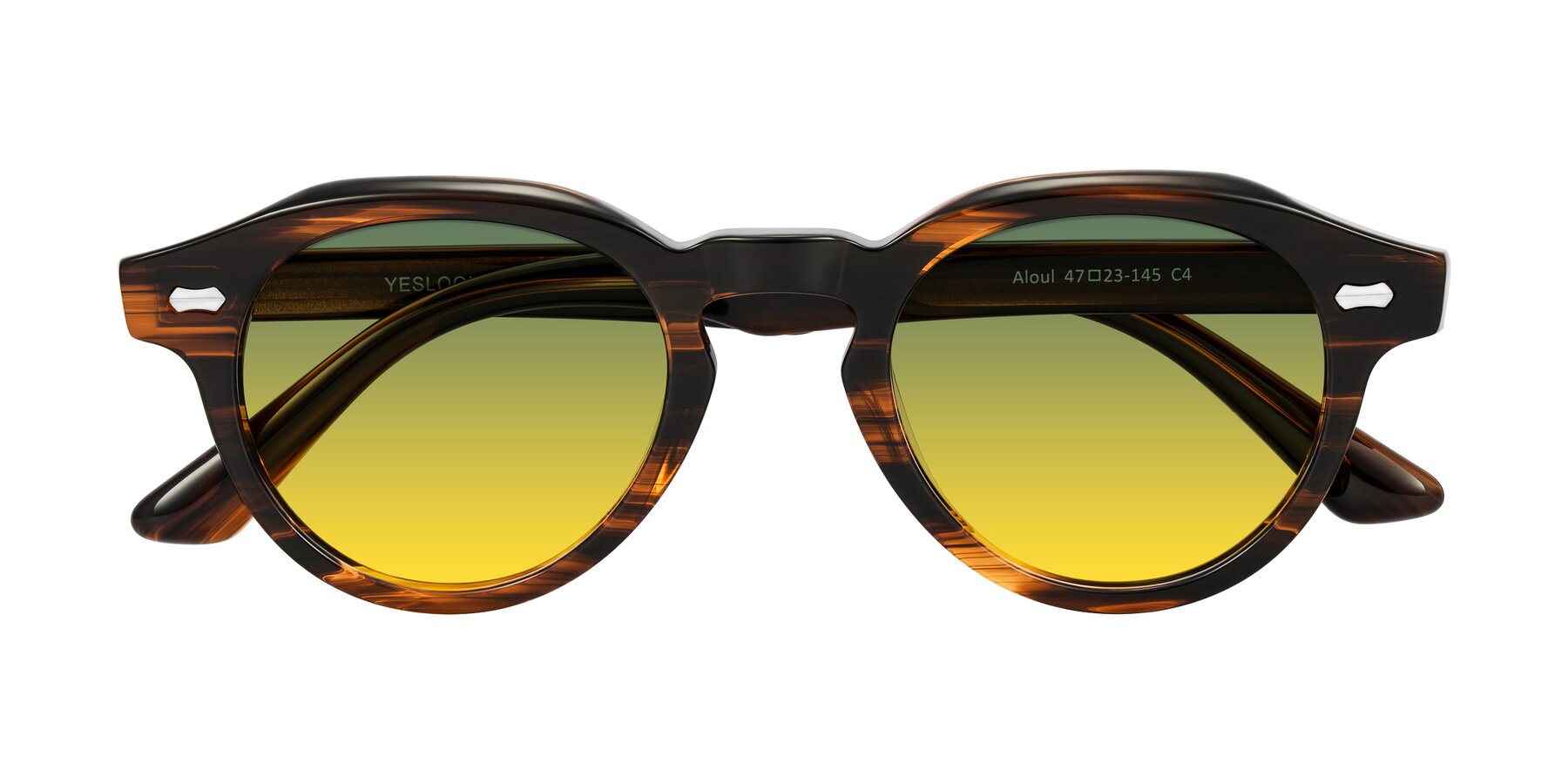 Folded Front of Aloul in Brown Striped with Green / Yellow Gradient Lenses