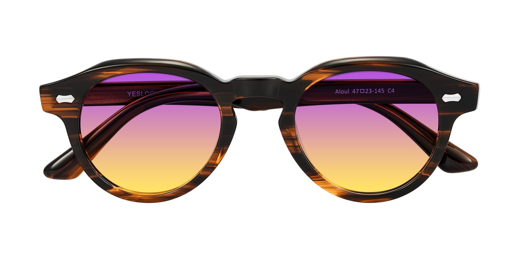 Folded Front of Aloul in Brown Striped with Purple / Yellow Gradient Lenses